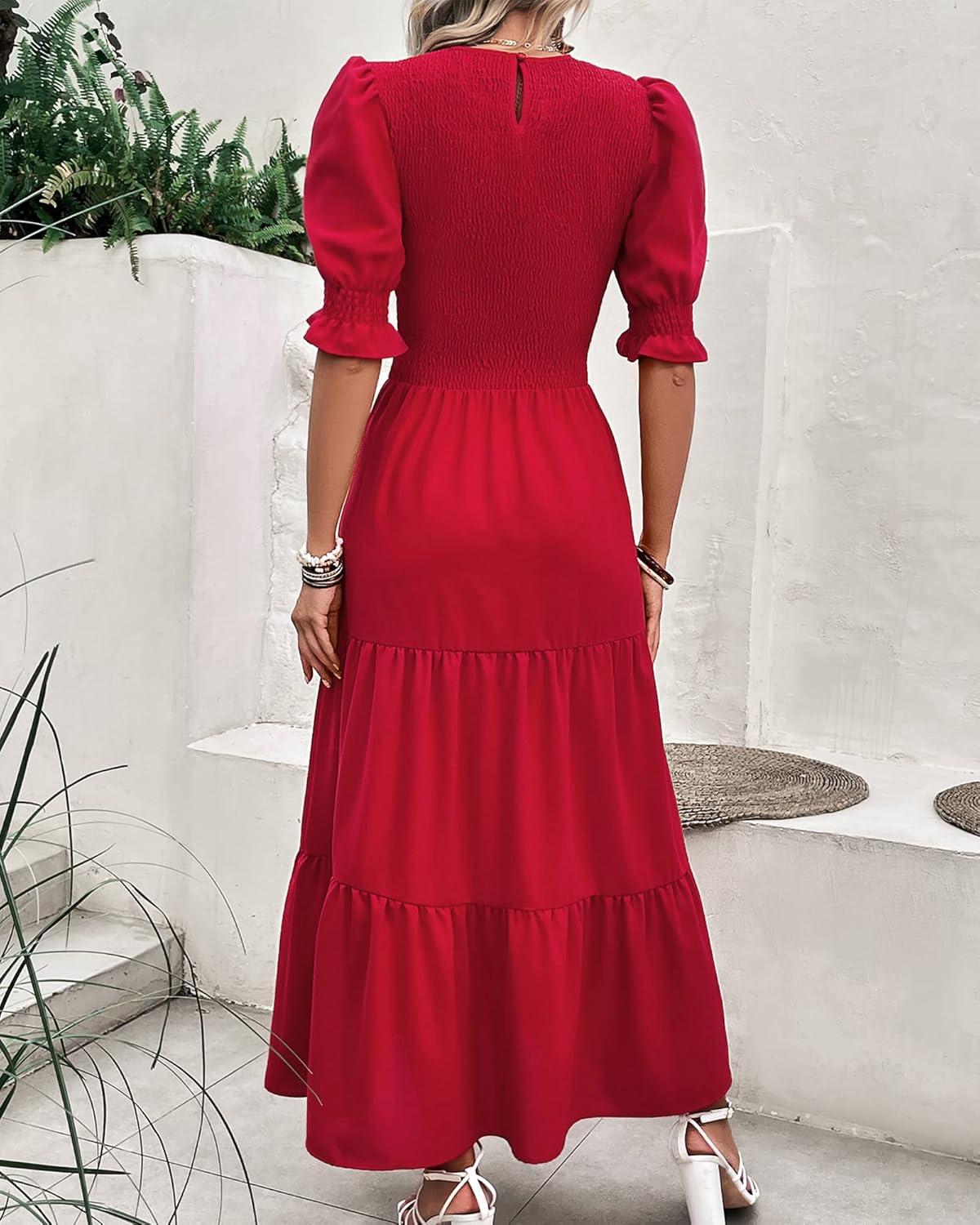 imageBTFBM Women Casual Summer Dresses 2026 Spring Crew Neck Ruffle Short Sleeve Smocked Floral Boho Flowy Maxi Dress ClothesSolid Red
