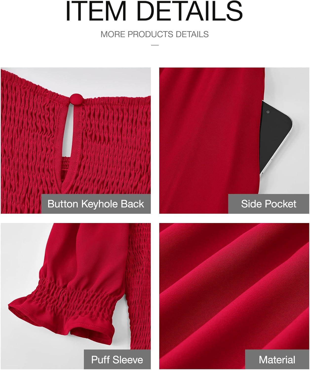 imageBTFBM Women Casual Summer Dresses 2026 Spring Crew Neck Ruffle Short Sleeve Smocked Floral Boho Flowy Maxi Dress ClothesSolid Red