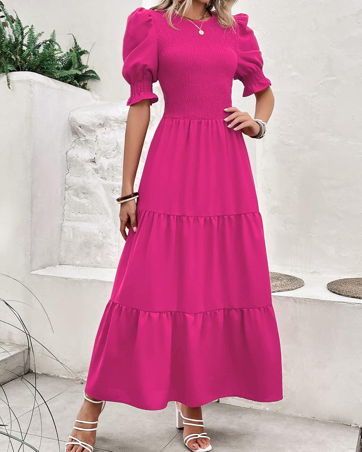 imageBTFBM Women Casual Summer Dresses 2026 Spring Crew Neck Ruffle Short Sleeve Smocked Floral Boho Flowy Maxi Dress ClothesSolid Rose Red
