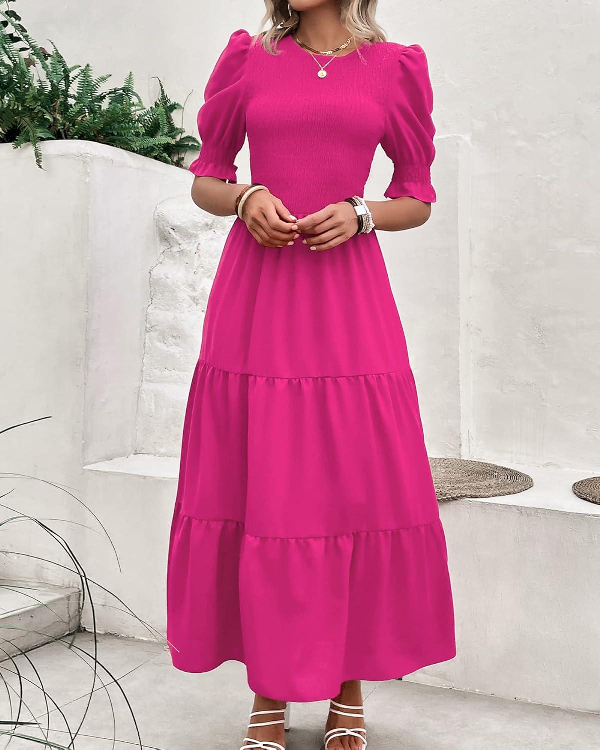 imageBTFBM Women Casual Summer Dresses 2026 Spring Crew Neck Ruffle Short Sleeve Smocked Floral Boho Flowy Maxi Dress ClothesSolid Rose Red