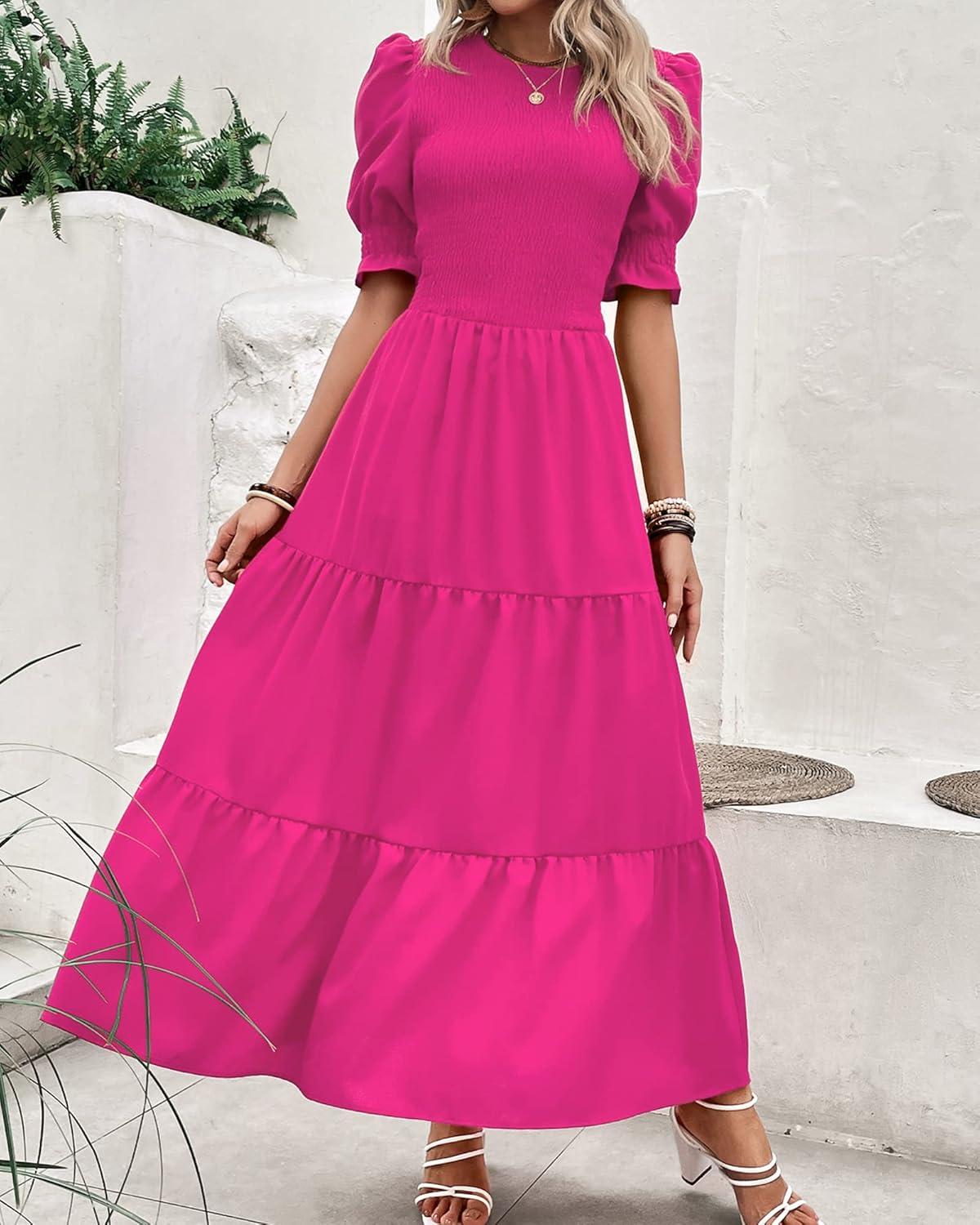 imageBTFBM Women Casual Summer Dresses 2026 Spring Crew Neck Ruffle Short Sleeve Smocked Floral Boho Flowy Maxi Dress ClothesSolid Rose Red