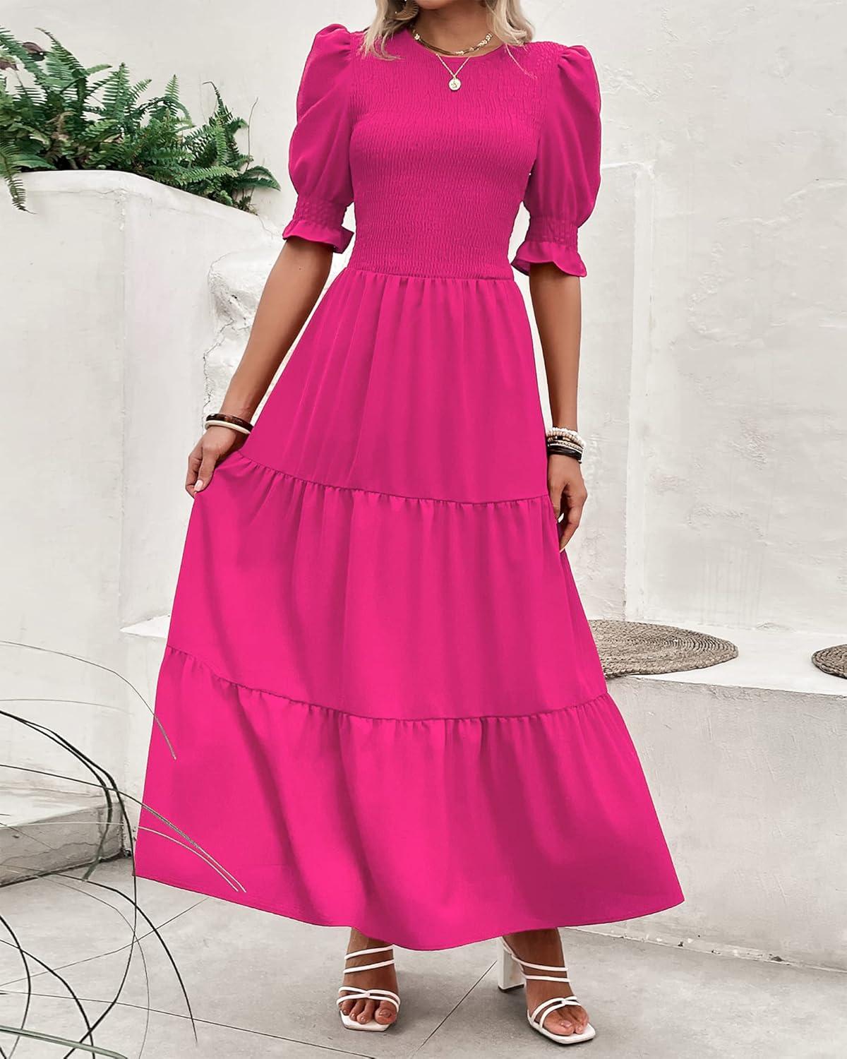imageBTFBM Women Casual Summer Dresses 2026 Spring Crew Neck Ruffle Short Sleeve Smocked Floral Boho Flowy Maxi Dress ClothesSolid Rose Red