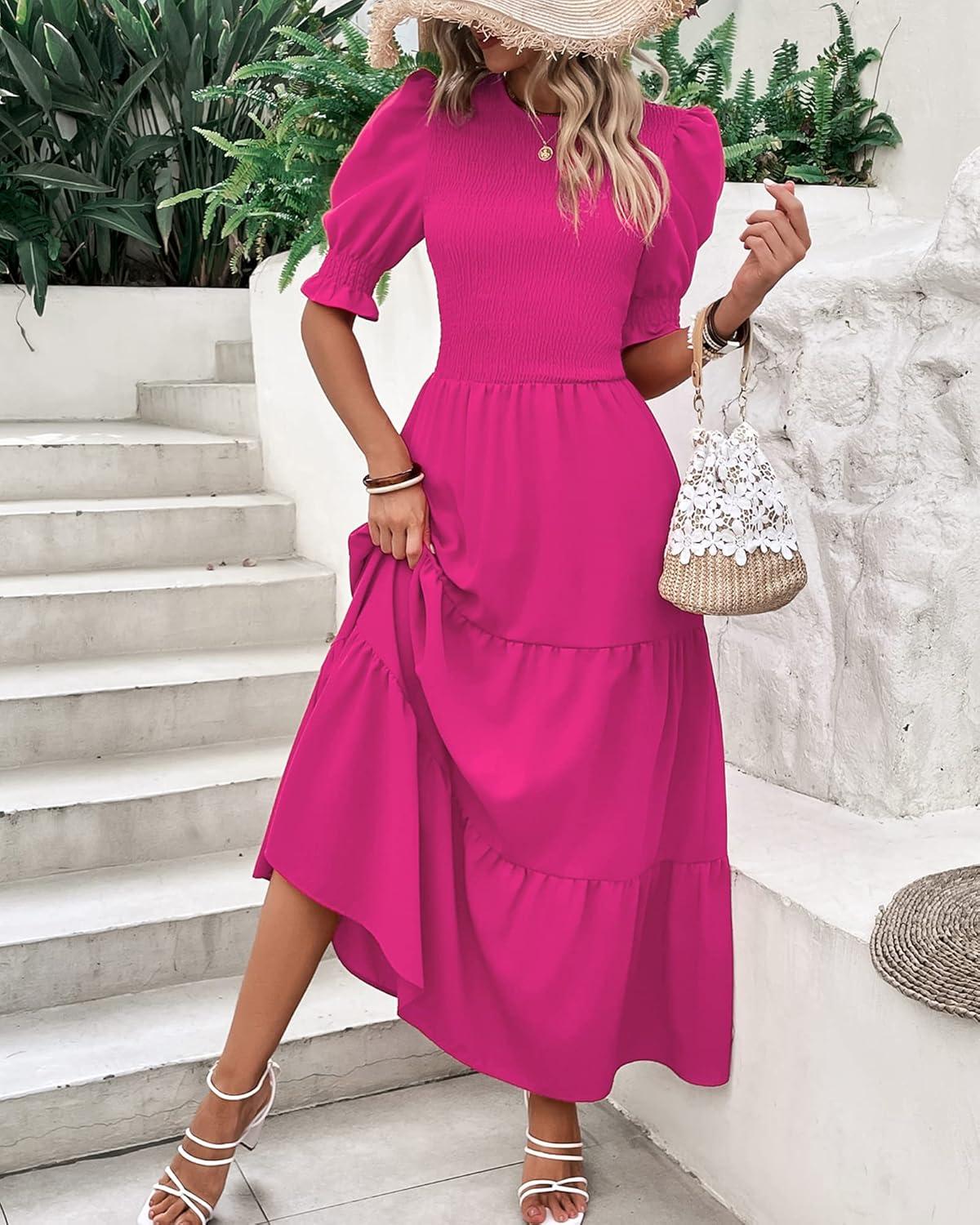 imageBTFBM Women Casual Summer Dresses 2026 Spring Crew Neck Ruffle Short Sleeve Smocked Floral Boho Flowy Maxi Dress ClothesSolid Rose Red