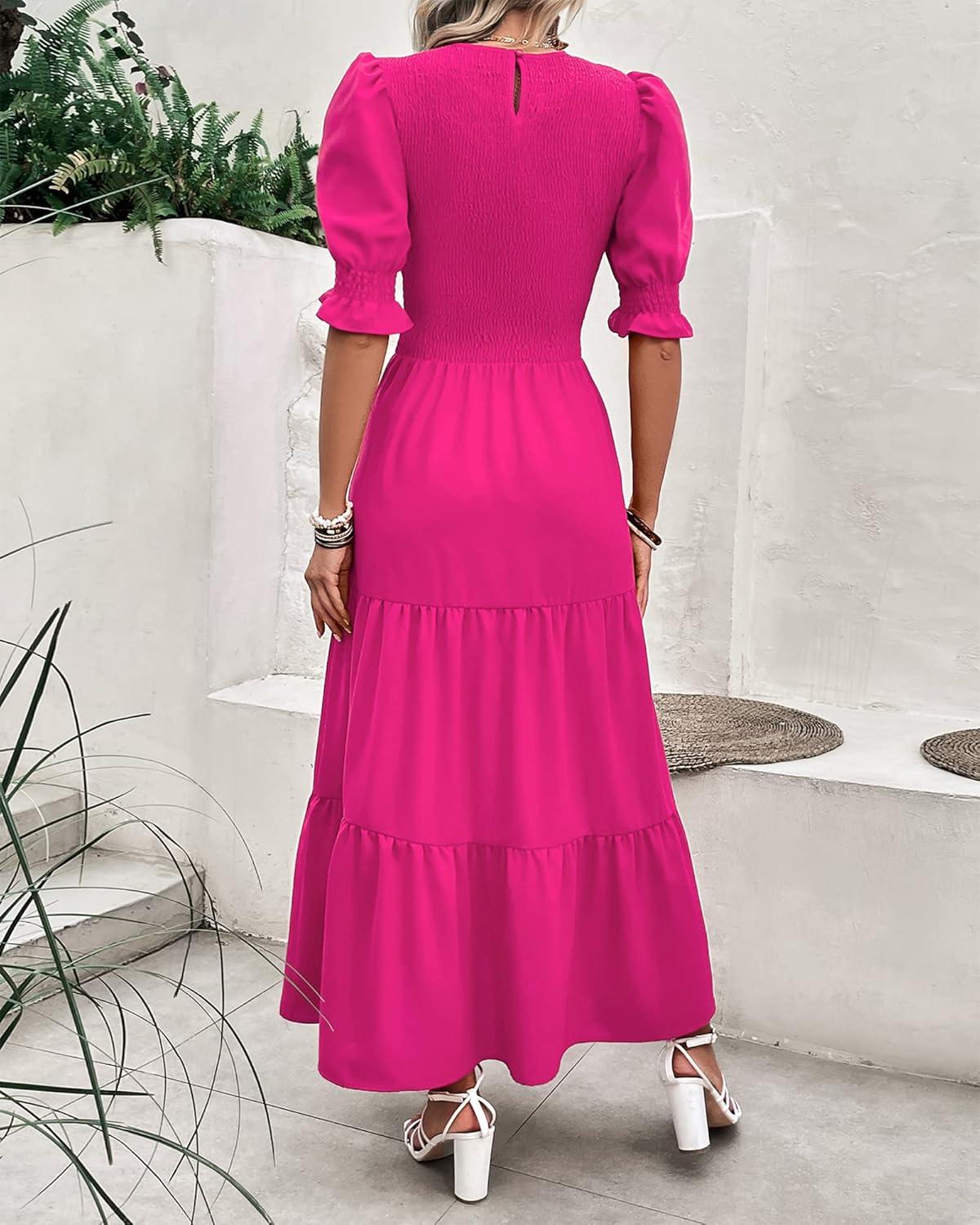 imageBTFBM Women Casual Summer Dresses 2026 Spring Crew Neck Ruffle Short Sleeve Smocked Floral Boho Flowy Maxi Dress ClothesSolid Rose Red