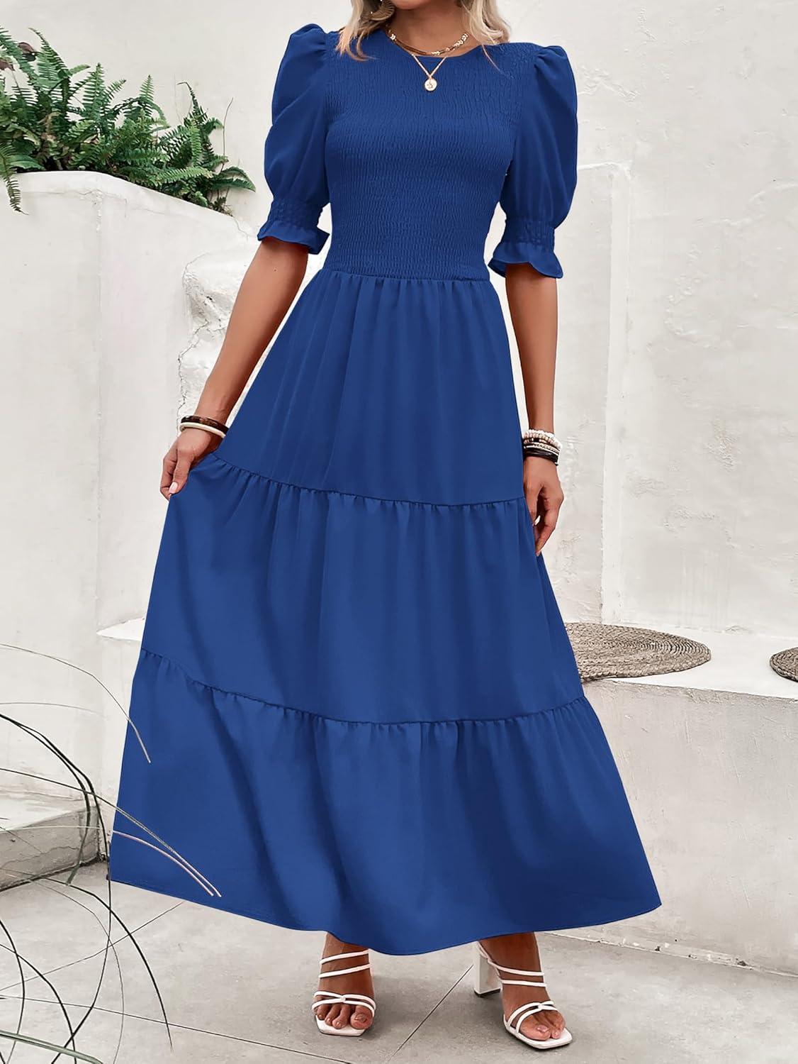 imageBTFBM Women Casual Summer Dresses 2026 Spring Crew Neck Ruffle Short Sleeve Smocked Floral Boho Flowy Maxi Dress ClothesSolid Royal Blue