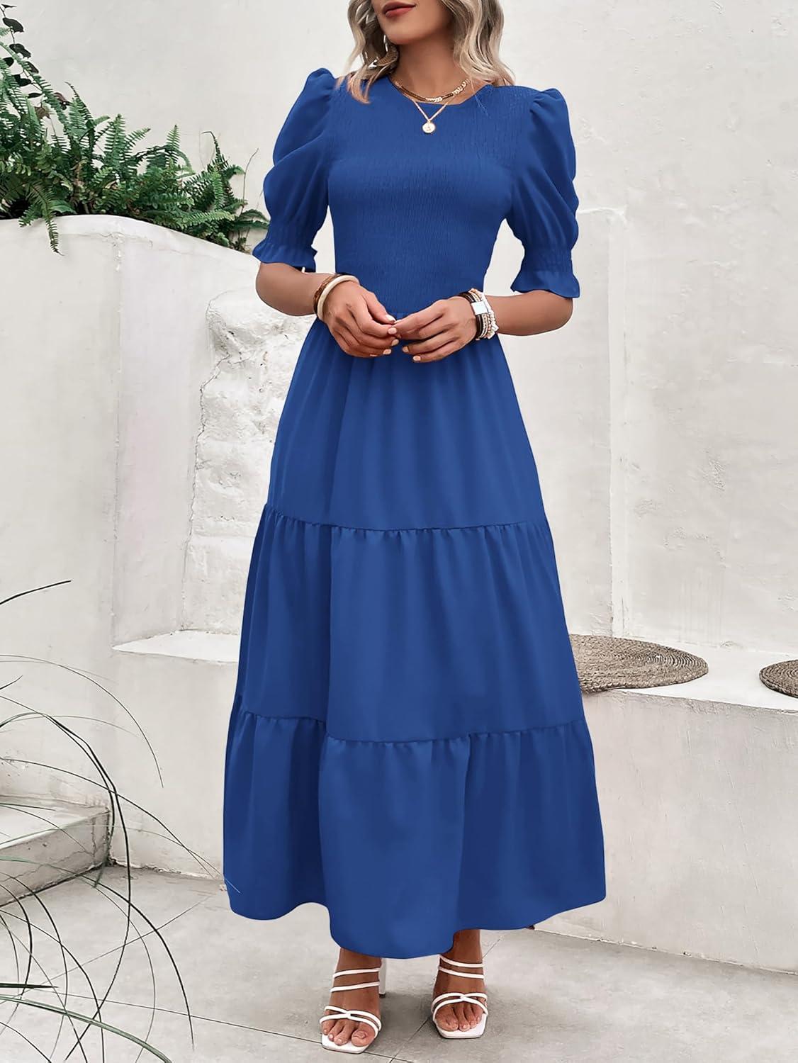 imageBTFBM Women Casual Summer Dresses 2026 Spring Crew Neck Ruffle Short Sleeve Smocked Floral Boho Flowy Maxi Dress ClothesSolid Royal Blue