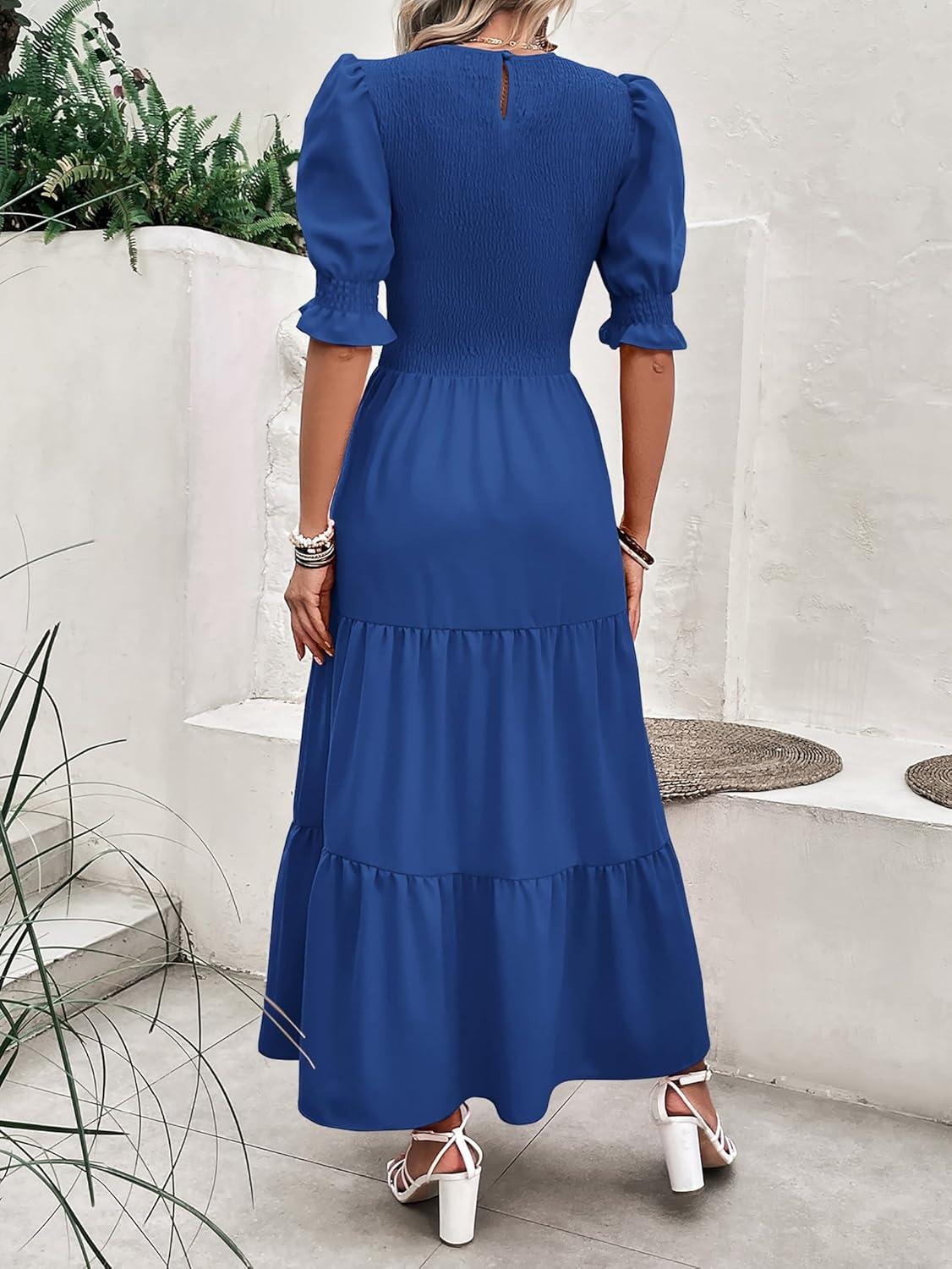imageBTFBM Women Casual Summer Dresses 2026 Spring Crew Neck Ruffle Short Sleeve Smocked Floral Boho Flowy Maxi Dress ClothesSolid Royal Blue