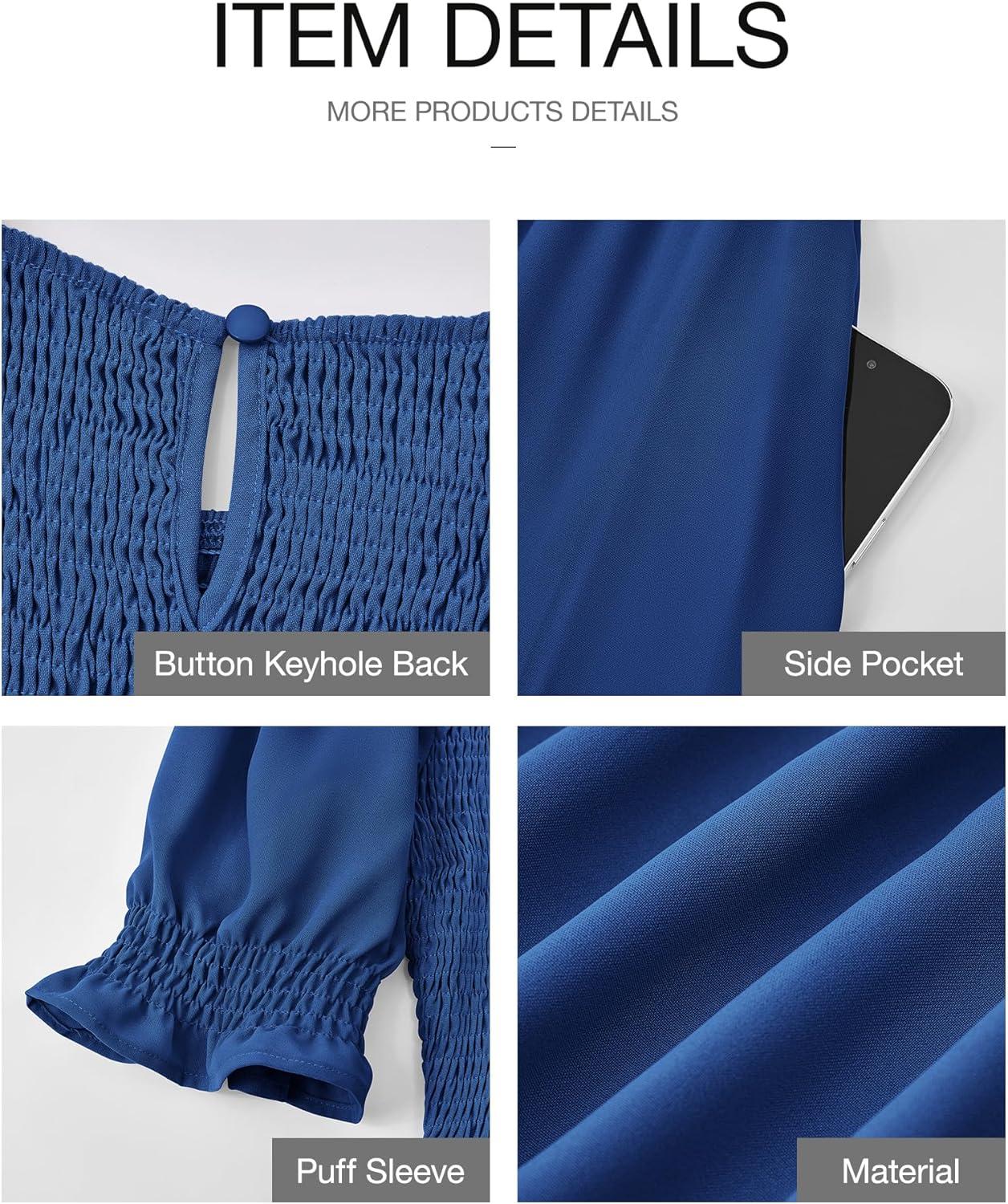 imageBTFBM Women Casual Summer Dresses 2026 Spring Crew Neck Ruffle Short Sleeve Smocked Floral Boho Flowy Maxi Dress ClothesSolid Royal Blue