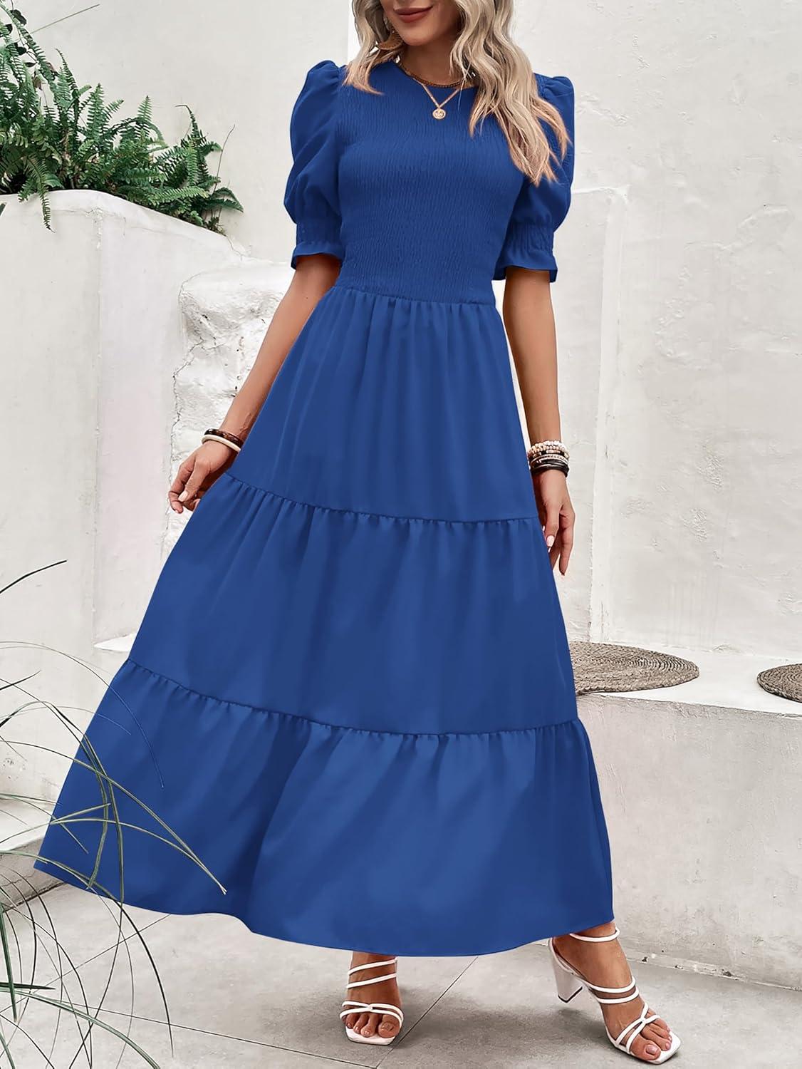 imageBTFBM Women Casual Summer Dresses 2026 Spring Crew Neck Ruffle Short Sleeve Smocked Floral Boho Flowy Maxi Dress ClothesSolid Royal Blue