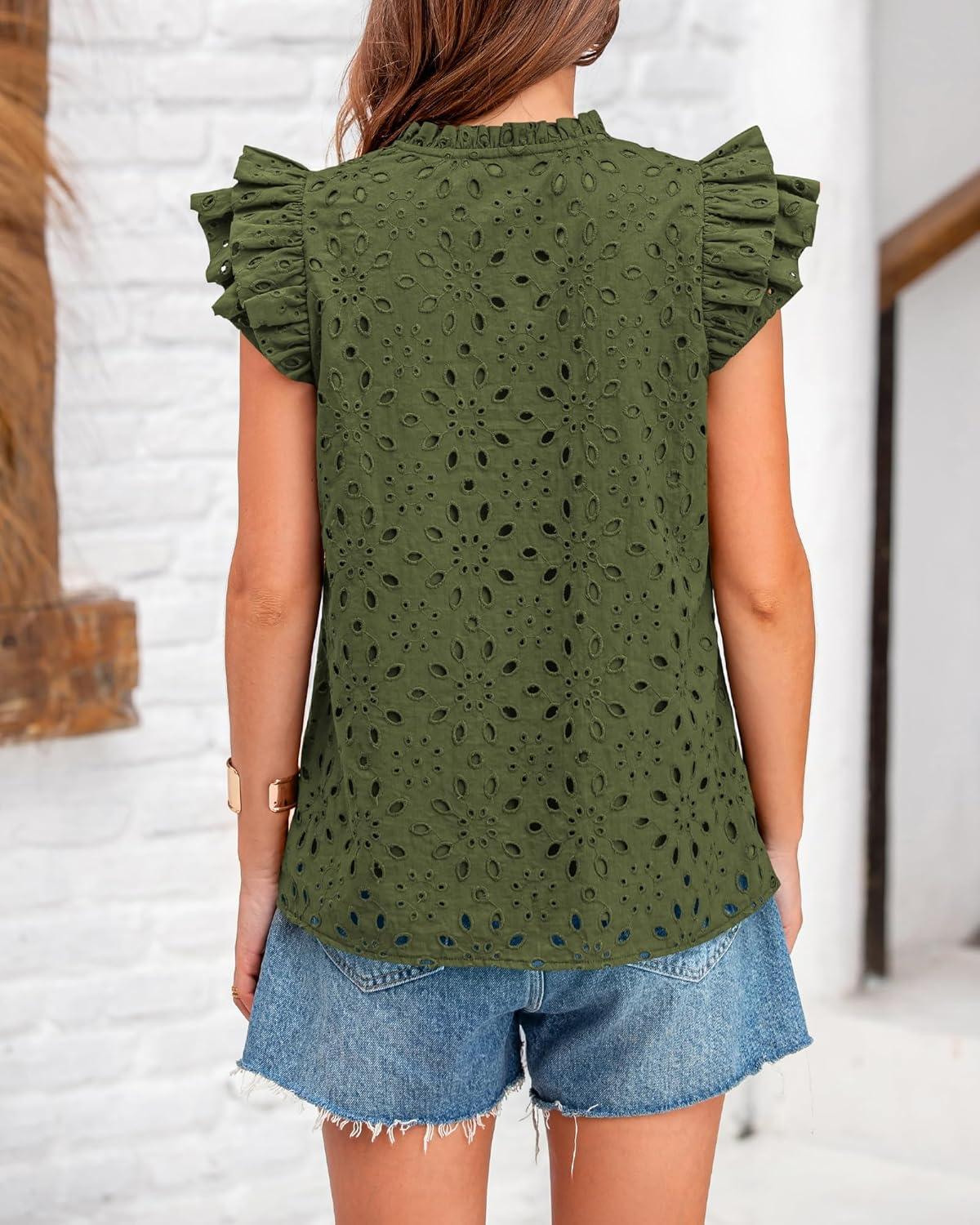 imageBTFBM Women Eyelet Spring Summer Tops Dressy Casual V Neck Ruffle Cap Sleeve Cotton Boho Shirts Embroidered Blouses 2026Army Green