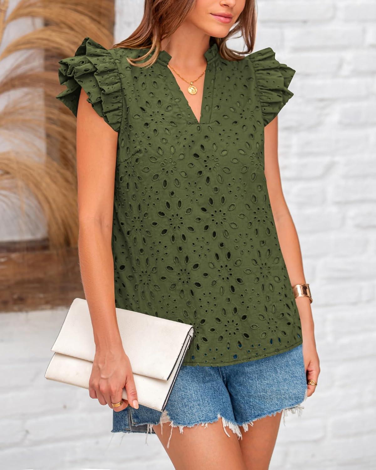 imageBTFBM Women Eyelet Spring Summer Tops Dressy Casual V Neck Ruffle Cap Sleeve Cotton Boho Shirts Embroidered Blouses 2026Army Green