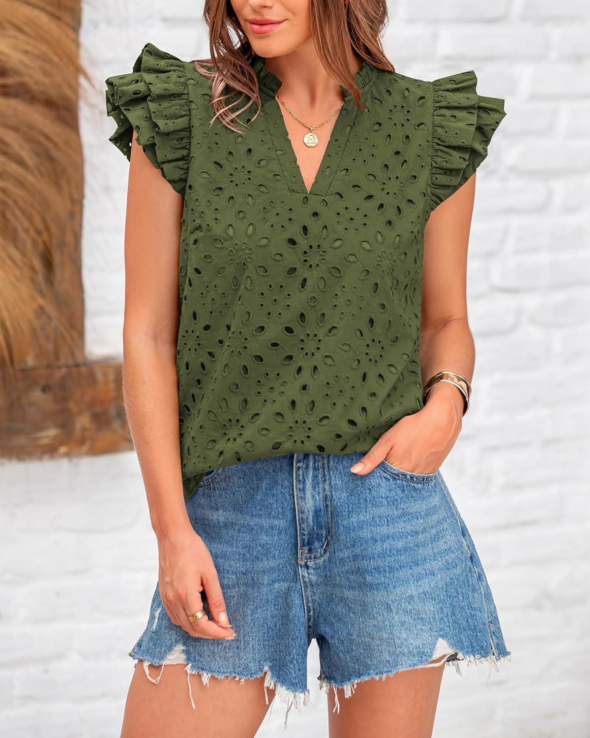 imageBTFBM Women Eyelet Spring Summer Tops Dressy Casual V Neck Ruffle Cap Sleeve Cotton Boho Shirts Embroidered Blouses 2026Army Green