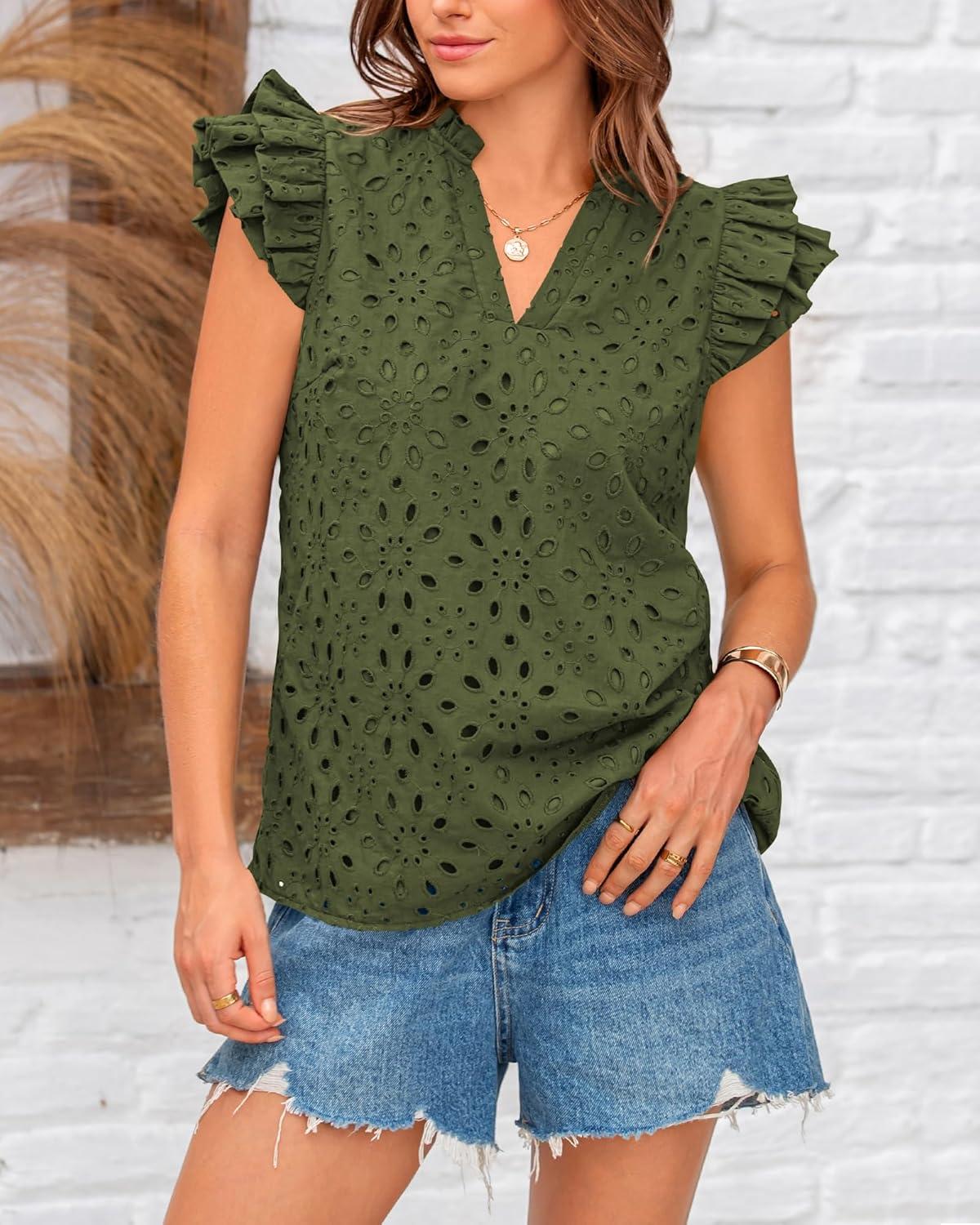 imageBTFBM Women Eyelet Spring Summer Tops Dressy Casual V Neck Ruffle Cap Sleeve Cotton Boho Shirts Embroidered Blouses 2026Army Green