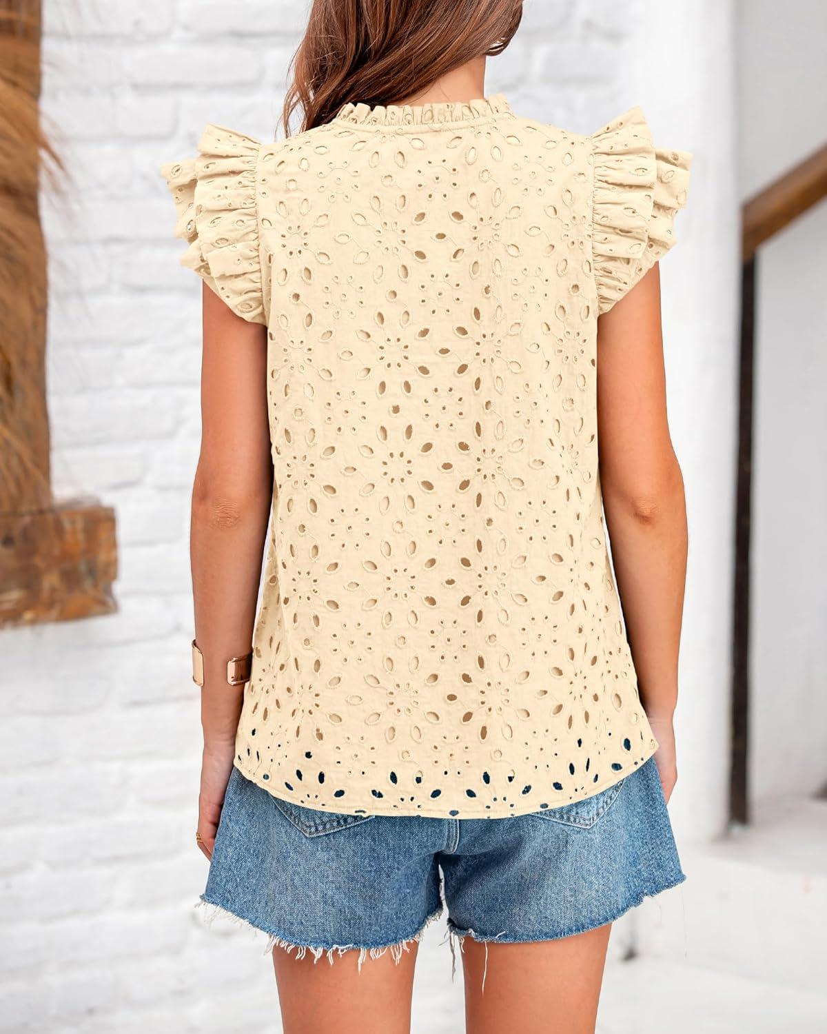 imageBTFBM Women Eyelet Spring Summer Tops Dressy Casual V Neck Ruffle Cap Sleeve Cotton Boho Shirts Embroidered Blouses 2026Beige