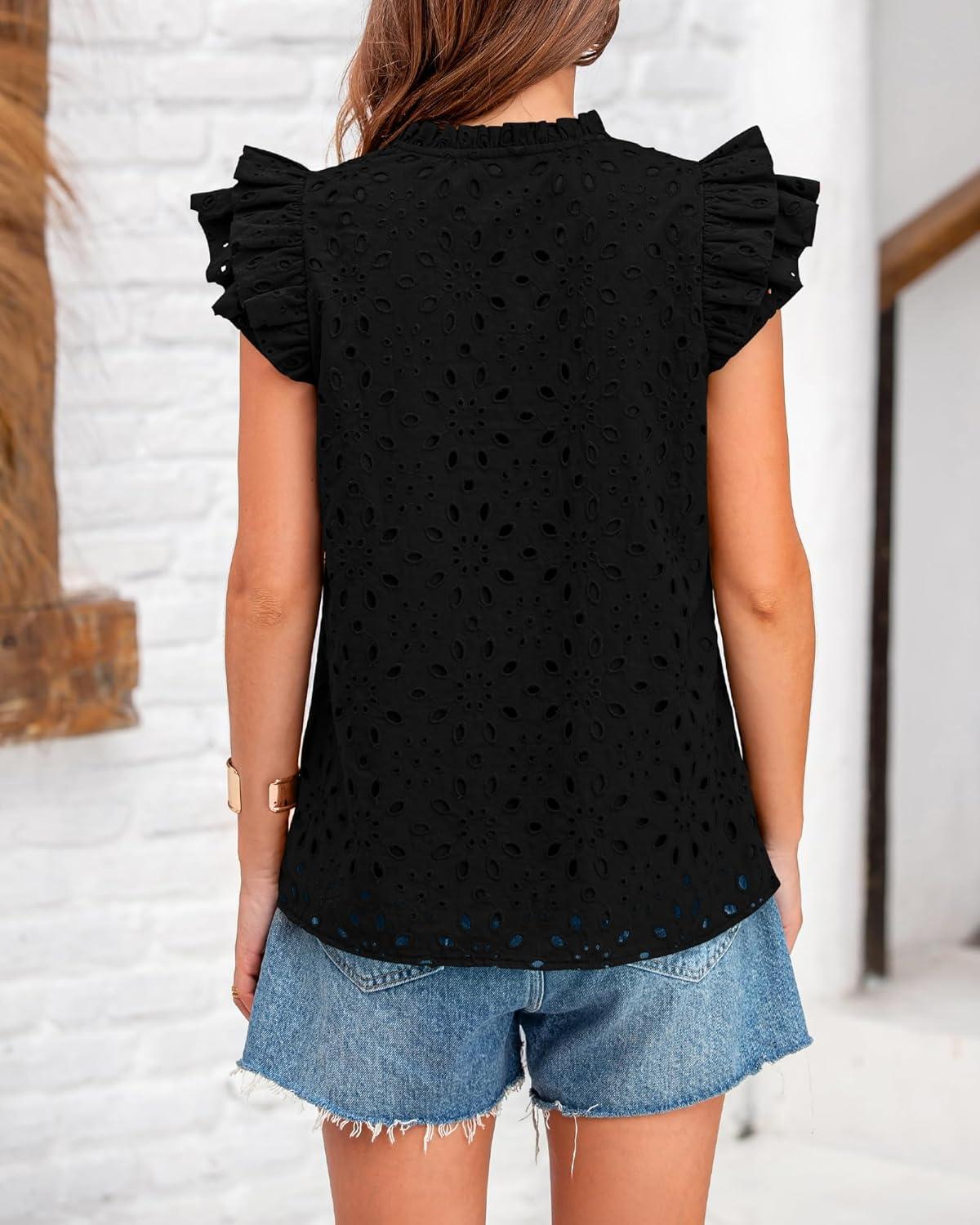 imageBTFBM Women Eyelet Spring Summer Tops Dressy Casual V Neck Ruffle Cap Sleeve Cotton Boho Shirts Embroidered Blouses 2026Black