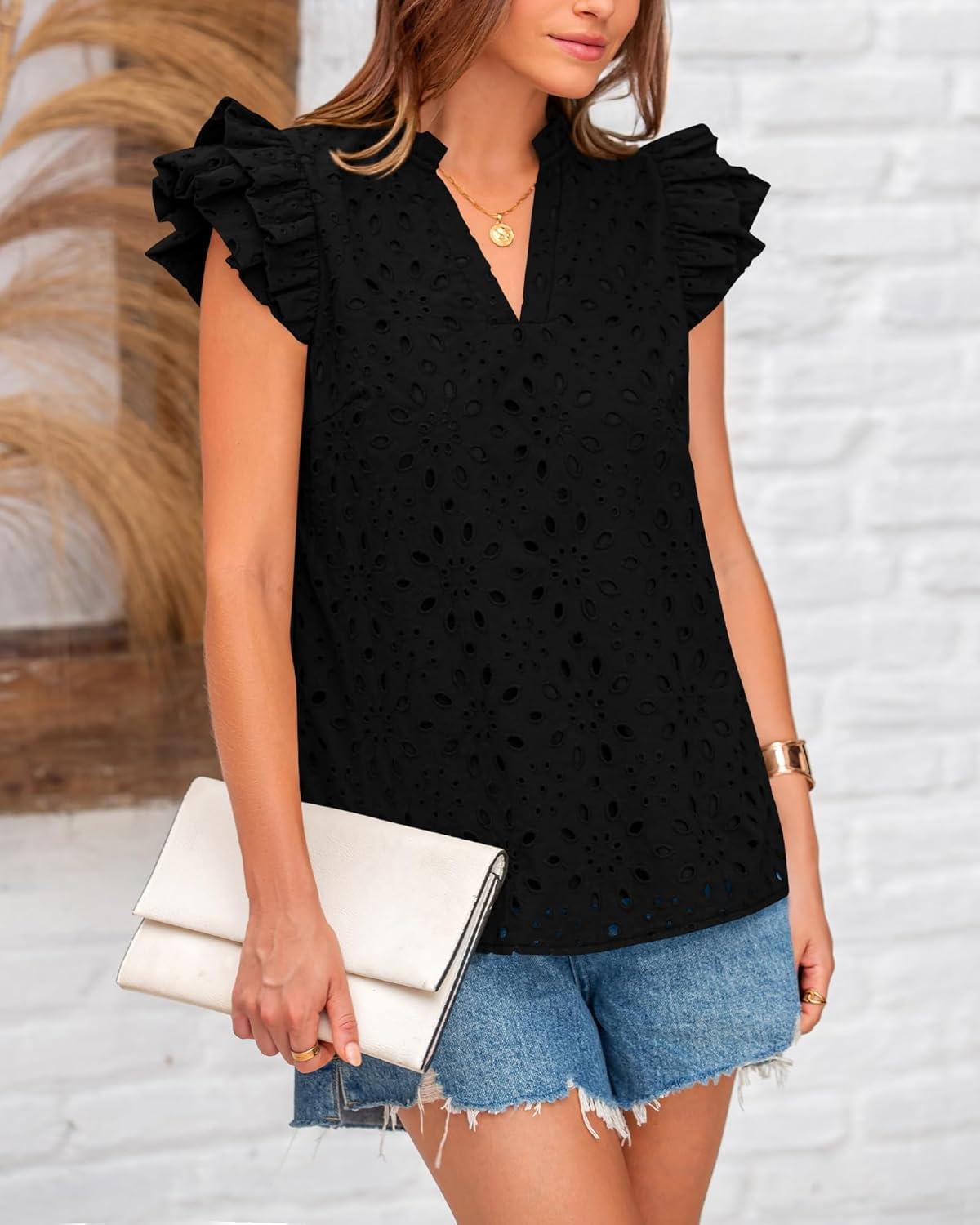 imageBTFBM Women Eyelet Spring Summer Tops Dressy Casual V Neck Ruffle Cap Sleeve Cotton Boho Shirts Embroidered Blouses 2026Black