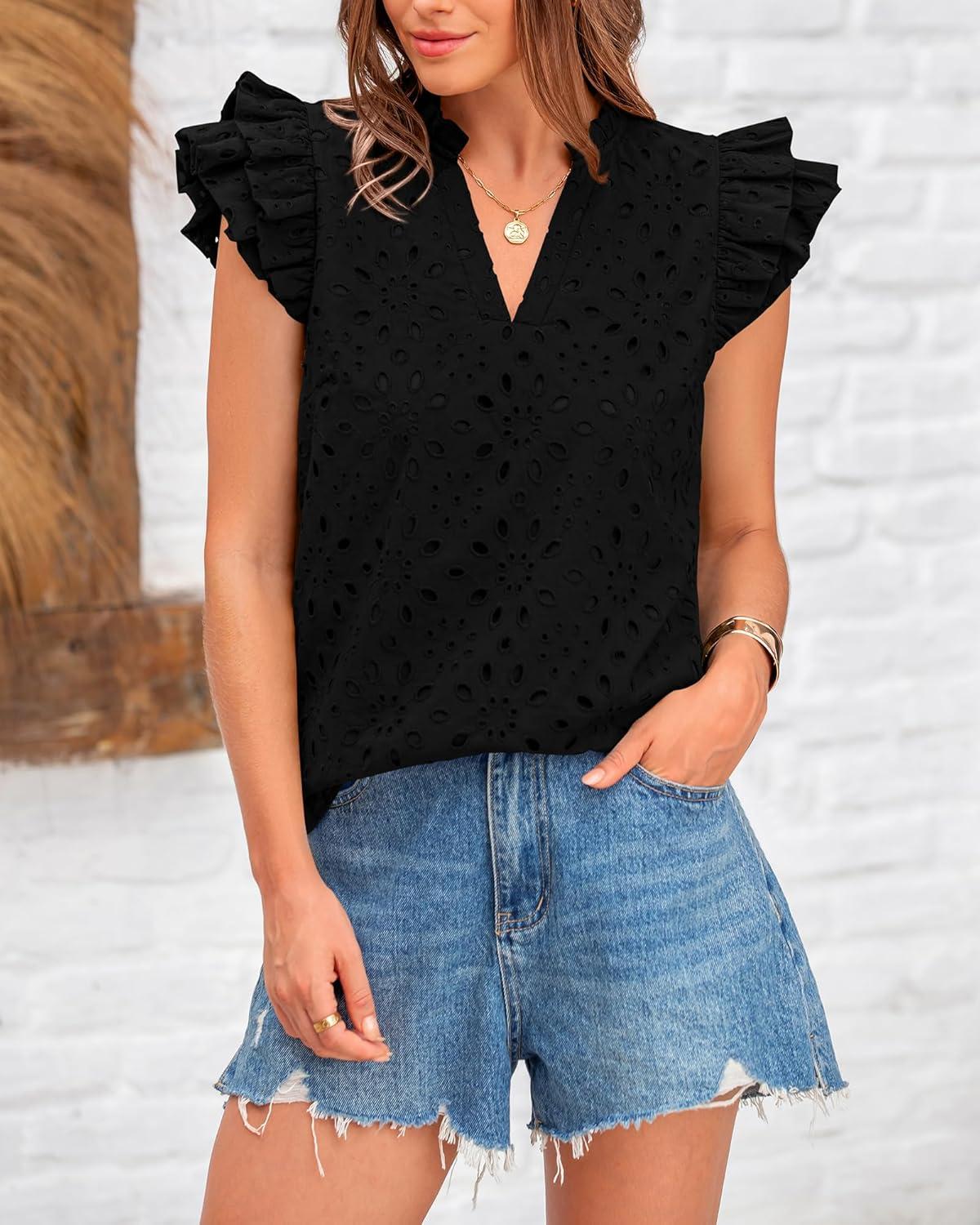 imageBTFBM Women Eyelet Spring Summer Tops Dressy Casual V Neck Ruffle Cap Sleeve Cotton Boho Shirts Embroidered Blouses 2026Black
