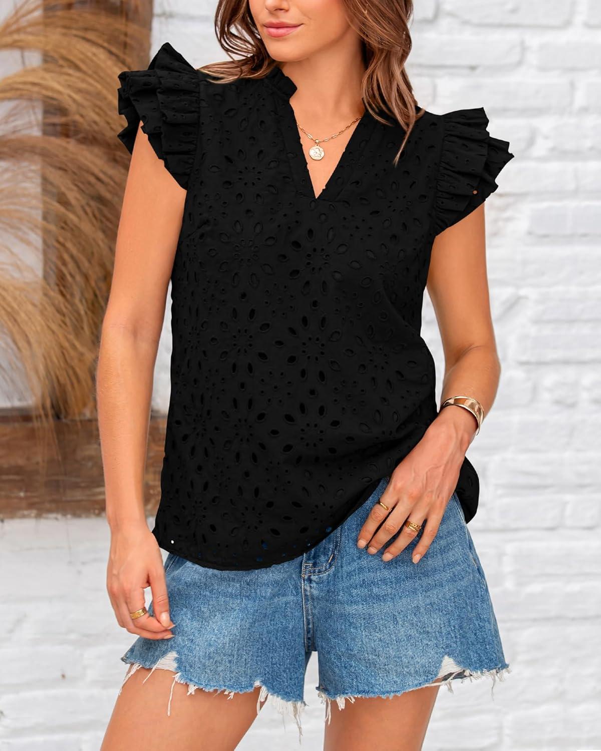 imageBTFBM Women Eyelet Spring Summer Tops Dressy Casual V Neck Ruffle Cap Sleeve Cotton Boho Shirts Embroidered Blouses 2026Black