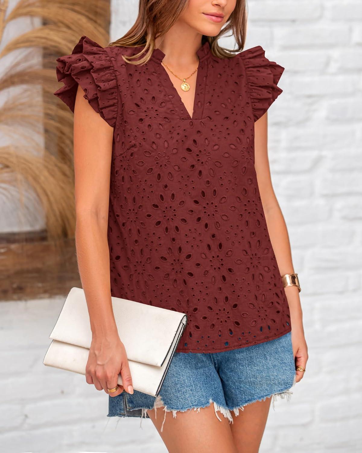 imageBTFBM Women Eyelet Spring Summer Tops Dressy Casual V Neck Ruffle Cap Sleeve Cotton Boho Shirts Embroidered Blouses 2026Brown Red