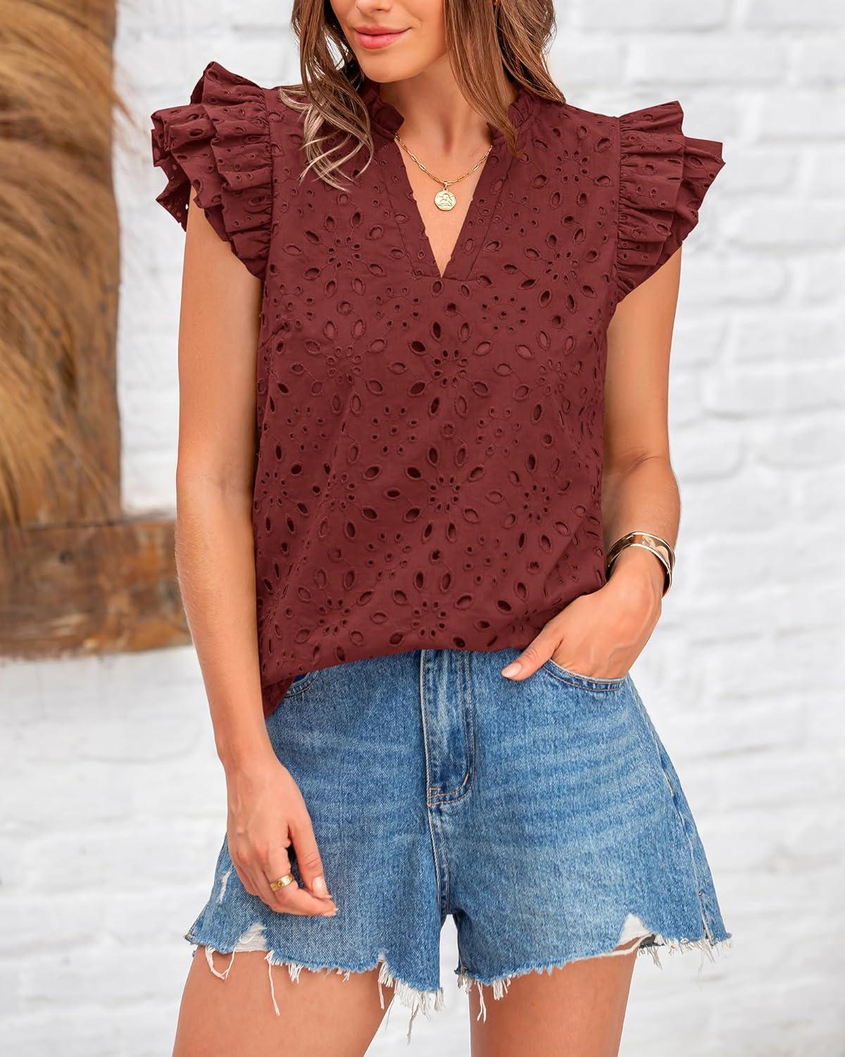 imageBTFBM Women Eyelet Spring Summer Tops Dressy Casual V Neck Ruffle Cap Sleeve Cotton Boho Shirts Embroidered Blouses 2026Brown Red