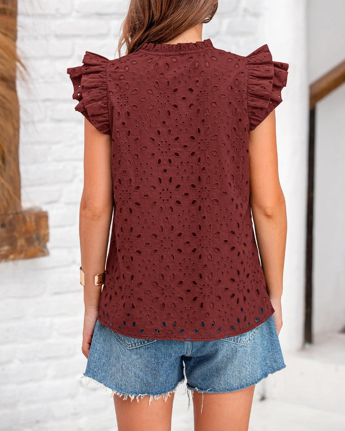 imageBTFBM Women Eyelet Spring Summer Tops Dressy Casual V Neck Ruffle Cap Sleeve Cotton Boho Shirts Embroidered Blouses 2026Brown Red