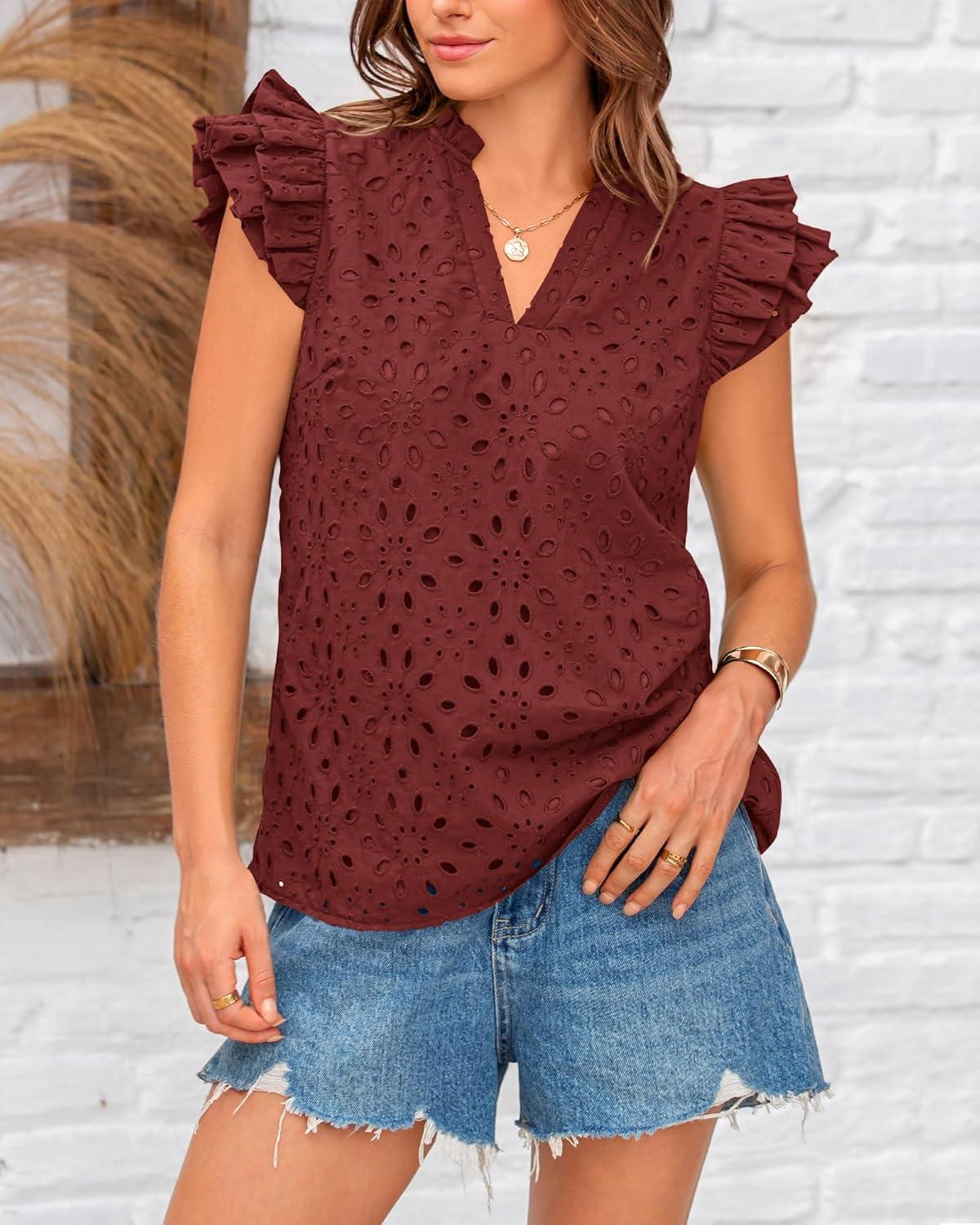 imageBTFBM Women Eyelet Spring Summer Tops Dressy Casual V Neck Ruffle Cap Sleeve Cotton Boho Shirts Embroidered Blouses 2026Brown Red