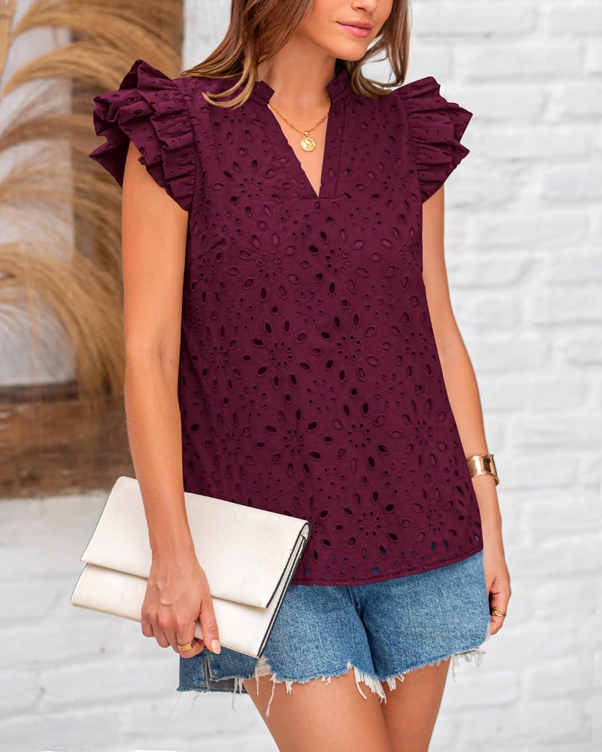 imageBTFBM Women Eyelet Spring Summer Tops Dressy Casual V Neck Ruffle Cap Sleeve Cotton Boho Shirts Embroidered Blouses 2026Burgundy