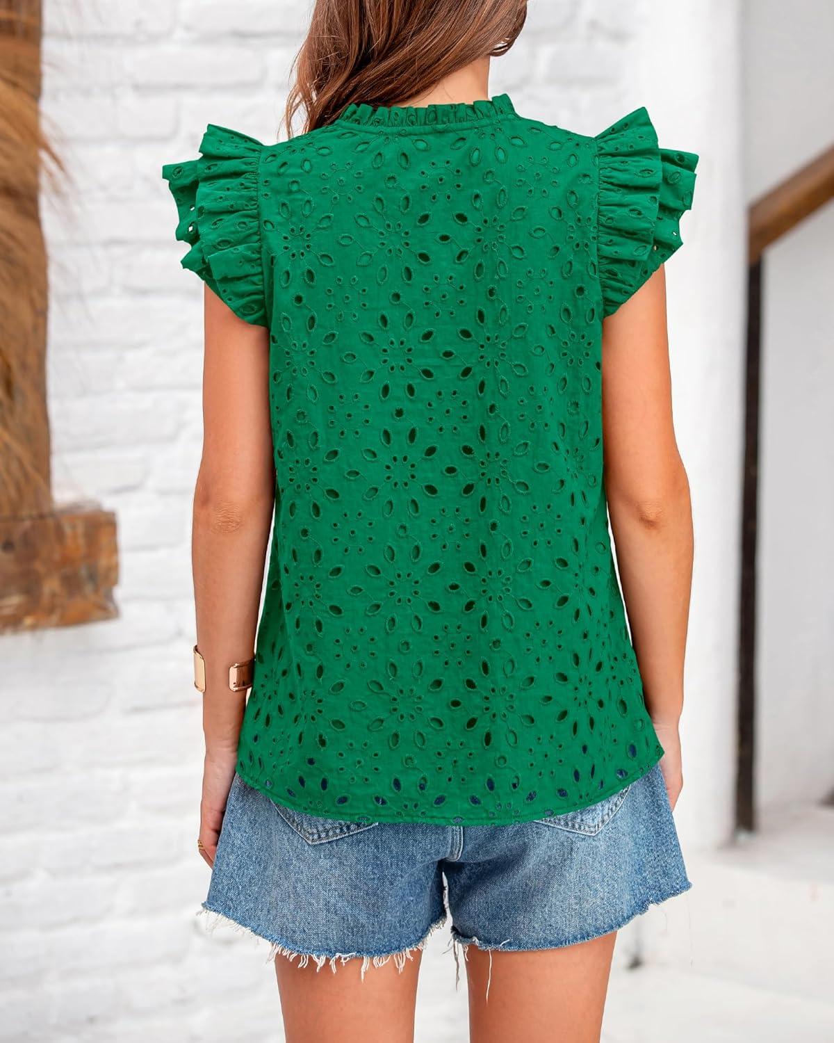 imageBTFBM Women Eyelet Spring Summer Tops Dressy Casual V Neck Ruffle Cap Sleeve Cotton Boho Shirts Embroidered Blouses 2026Dark Green