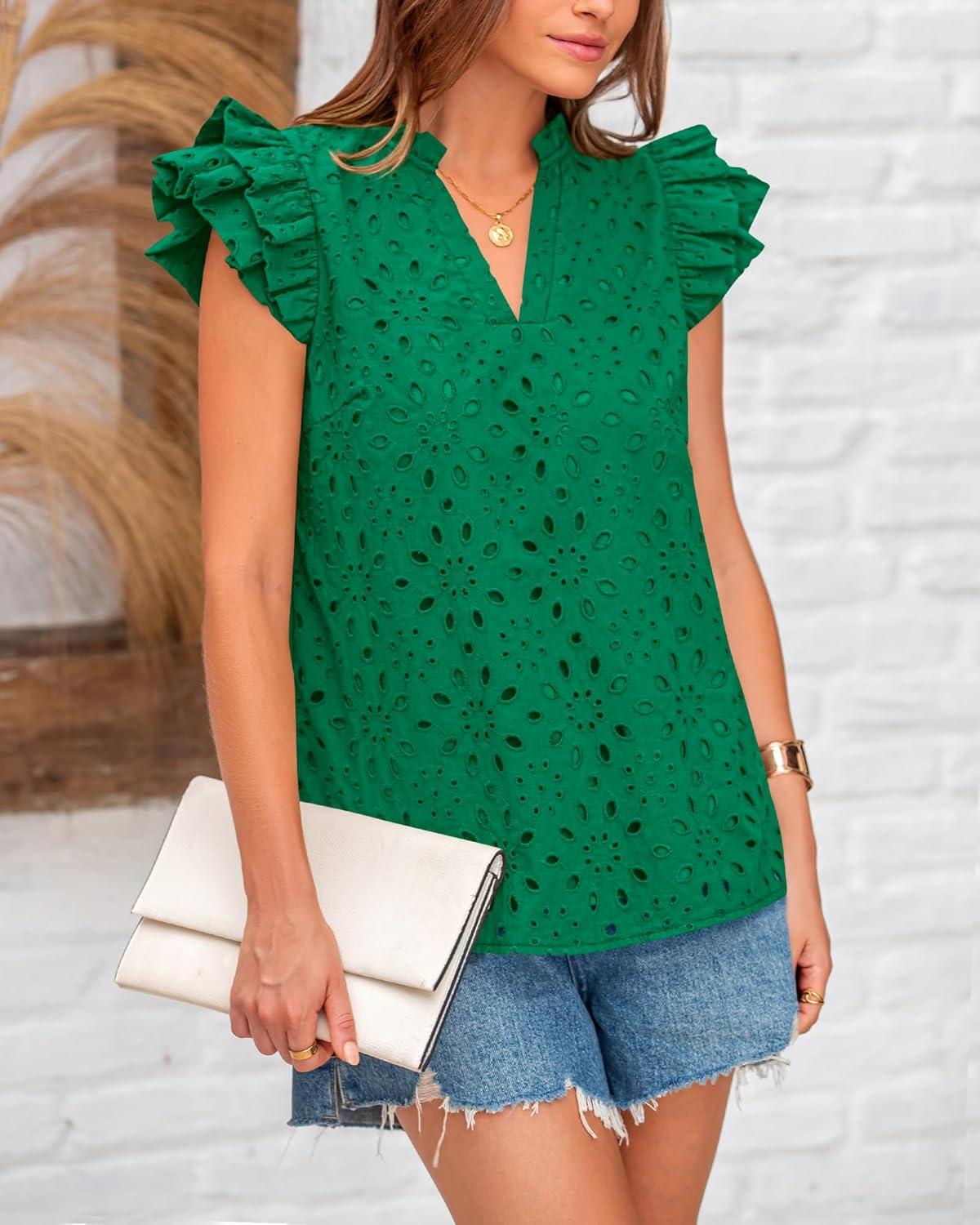 imageBTFBM Women Eyelet Spring Summer Tops Dressy Casual V Neck Ruffle Cap Sleeve Cotton Boho Shirts Embroidered Blouses 2026Dark Green