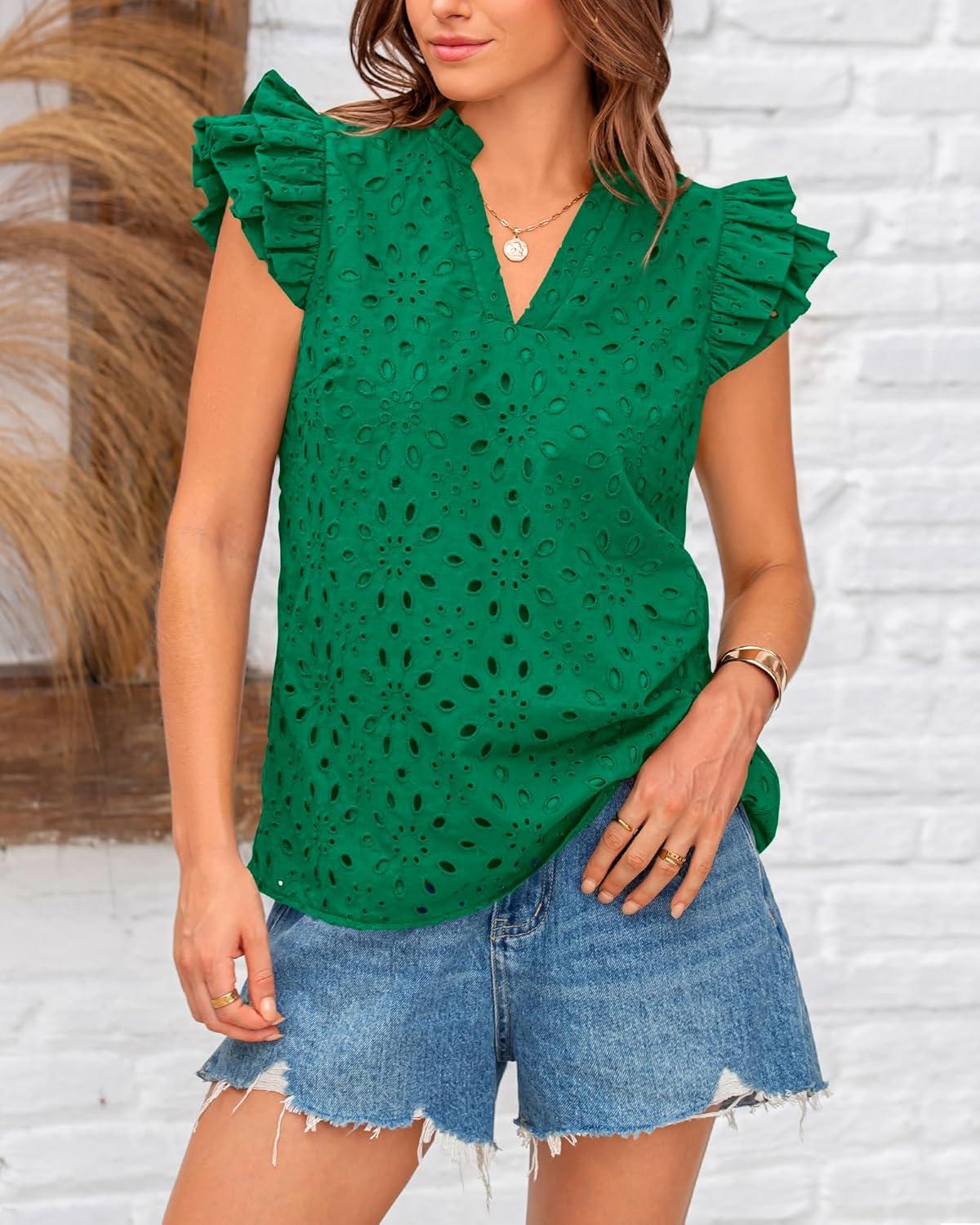 imageBTFBM Women Eyelet Spring Summer Tops Dressy Casual V Neck Ruffle Cap Sleeve Cotton Boho Shirts Embroidered Blouses 2026Dark Green