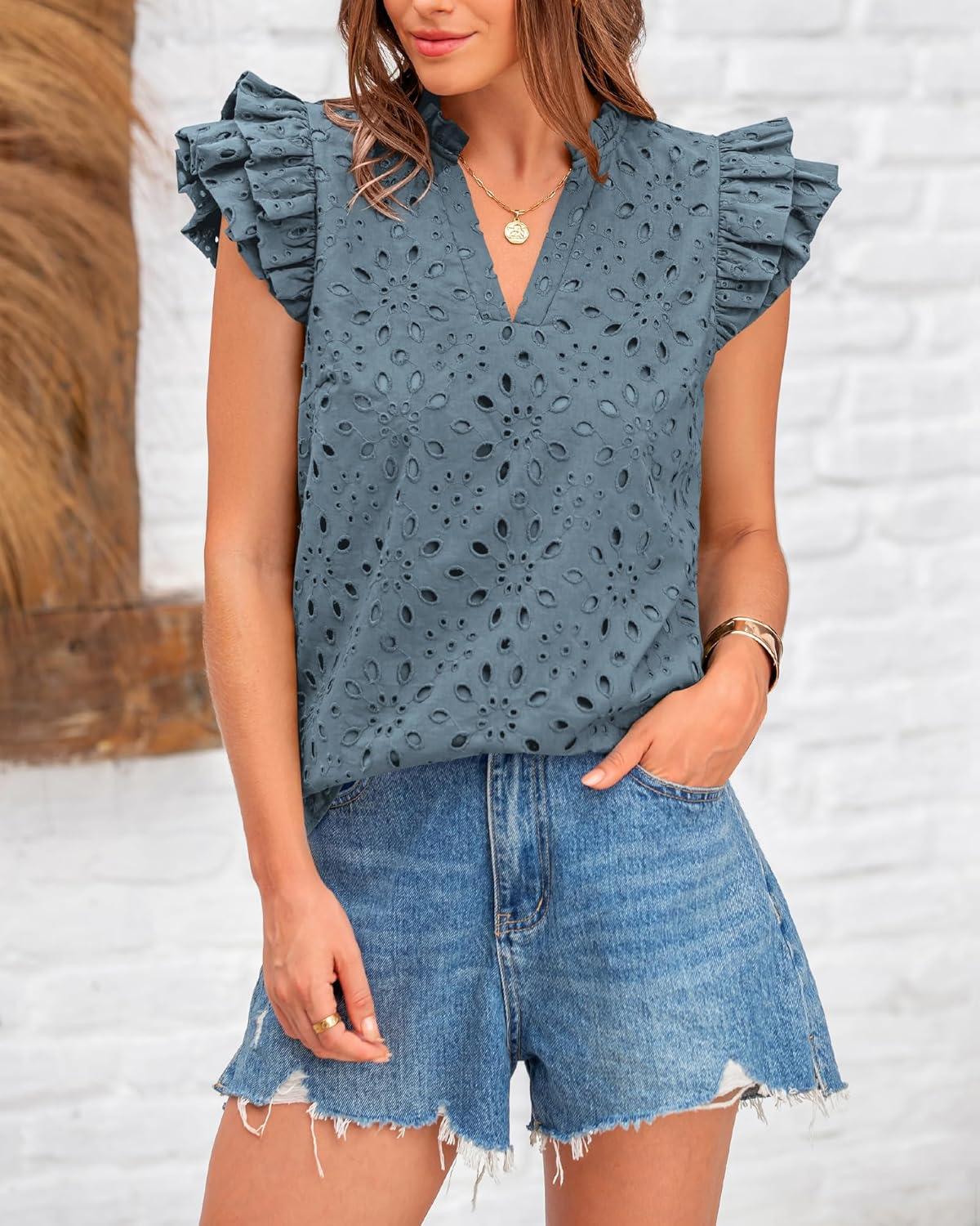 imageBTFBM Women Eyelet Spring Summer Tops Dressy Casual V Neck Ruffle Cap Sleeve Cotton Boho Shirts Embroidered Blouses 2026Grey Blue