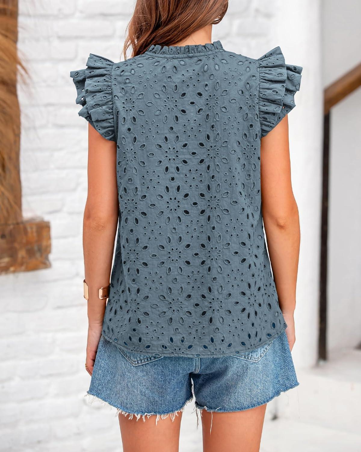 imageBTFBM Women Eyelet Spring Summer Tops Dressy Casual V Neck Ruffle Cap Sleeve Cotton Boho Shirts Embroidered Blouses 2026Grey Blue