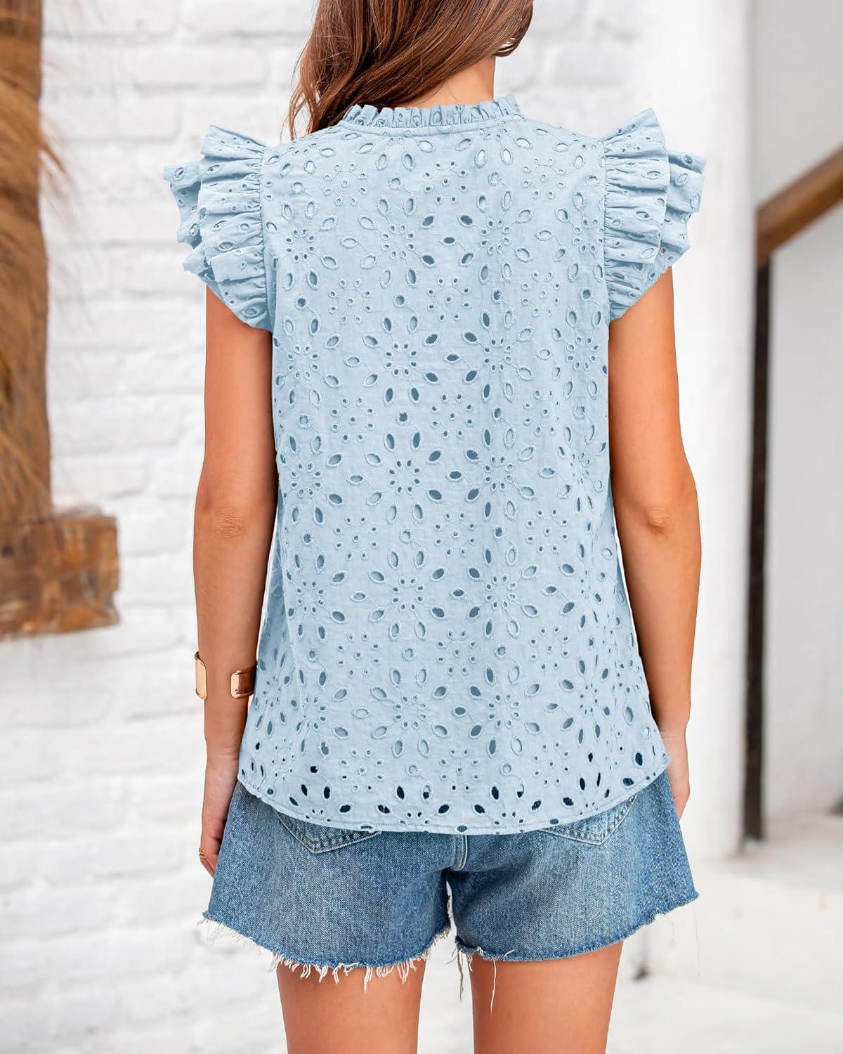 imageBTFBM Women Eyelet Spring Summer Tops Dressy Casual V Neck Ruffle Cap Sleeve Cotton Boho Shirts Embroidered Blouses 2026Light Blue