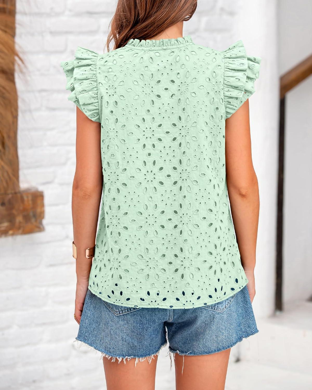 imageBTFBM Women Eyelet Spring Summer Tops Dressy Casual V Neck Ruffle Cap Sleeve Cotton Boho Shirts Embroidered Blouses 2026Light Green