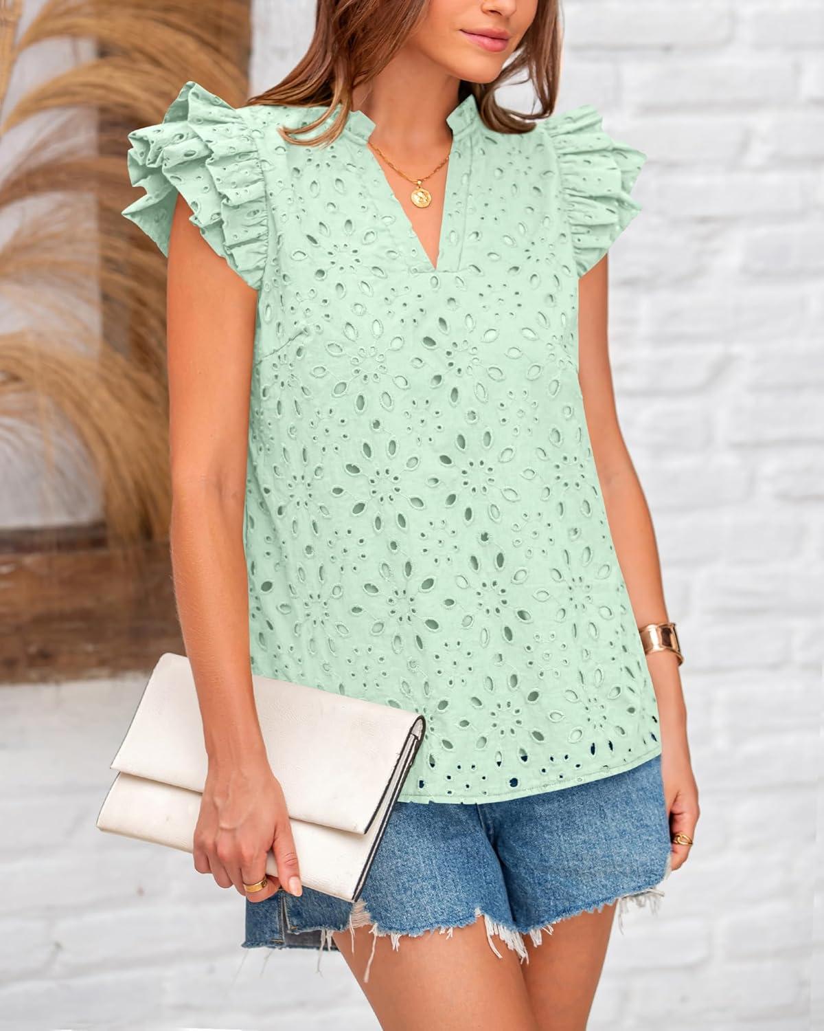 imageBTFBM Women Eyelet Spring Summer Tops Dressy Casual V Neck Ruffle Cap Sleeve Cotton Boho Shirts Embroidered Blouses 2026Light Green