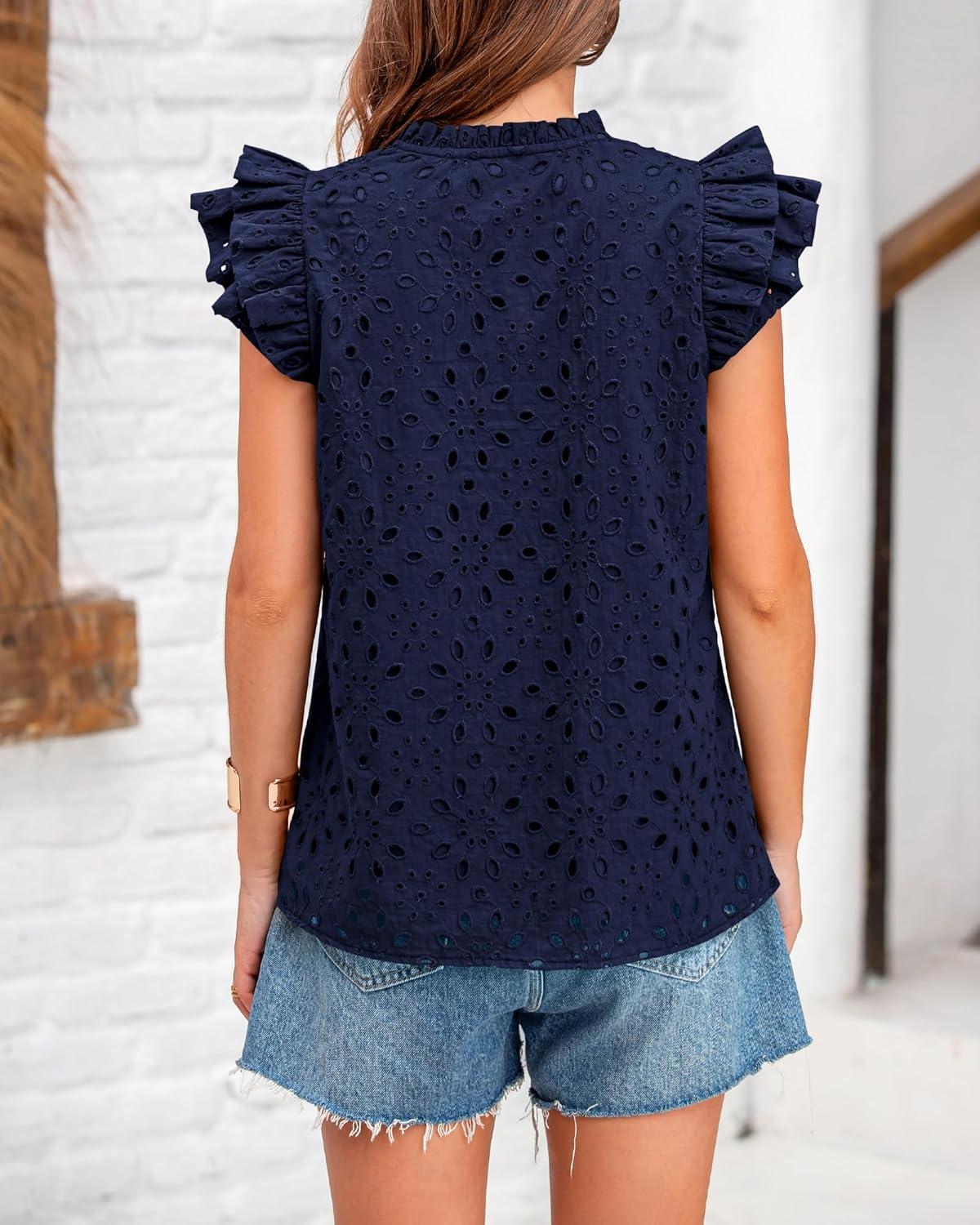 imageBTFBM Women Eyelet Spring Summer Tops Dressy Casual V Neck Ruffle Cap Sleeve Cotton Boho Shirts Embroidered Blouses 2026Navy