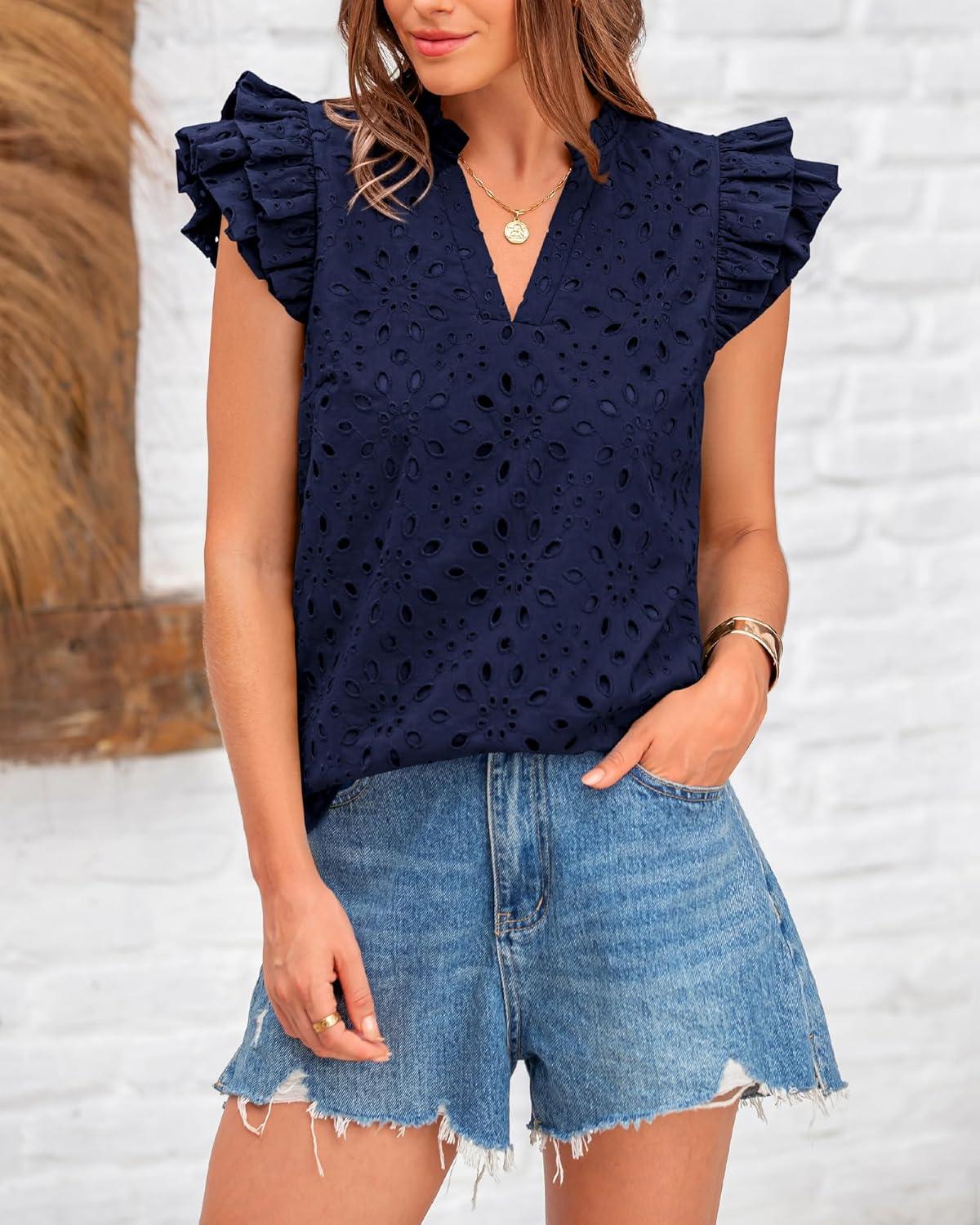 imageBTFBM Women Eyelet Spring Summer Tops Dressy Casual V Neck Ruffle Cap Sleeve Cotton Boho Shirts Embroidered Blouses 2026Navy