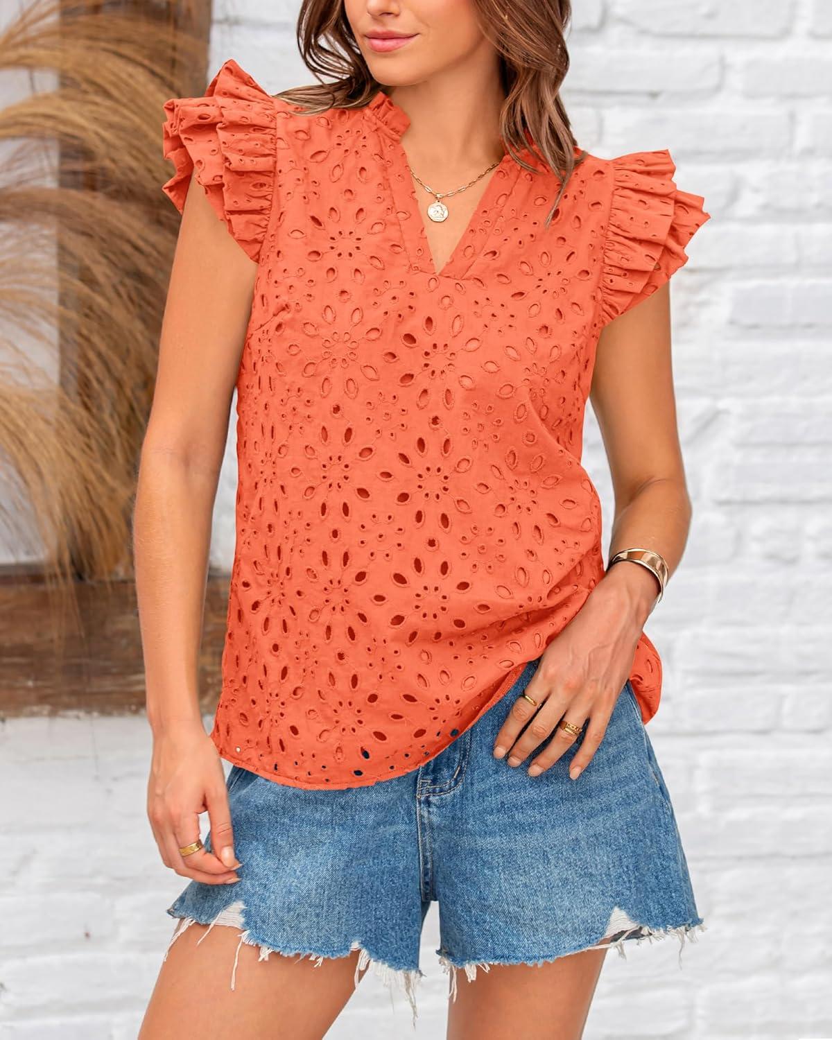 imageBTFBM Women Eyelet Spring Summer Tops Dressy Casual V Neck Ruffle Cap Sleeve Cotton Boho Shirts Embroidered Blouses 2026Orange
