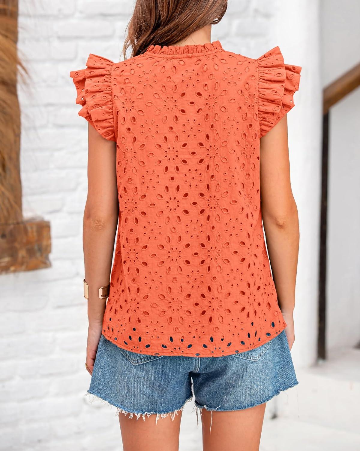 imageBTFBM Women Eyelet Spring Summer Tops Dressy Casual V Neck Ruffle Cap Sleeve Cotton Boho Shirts Embroidered Blouses 2026Orange