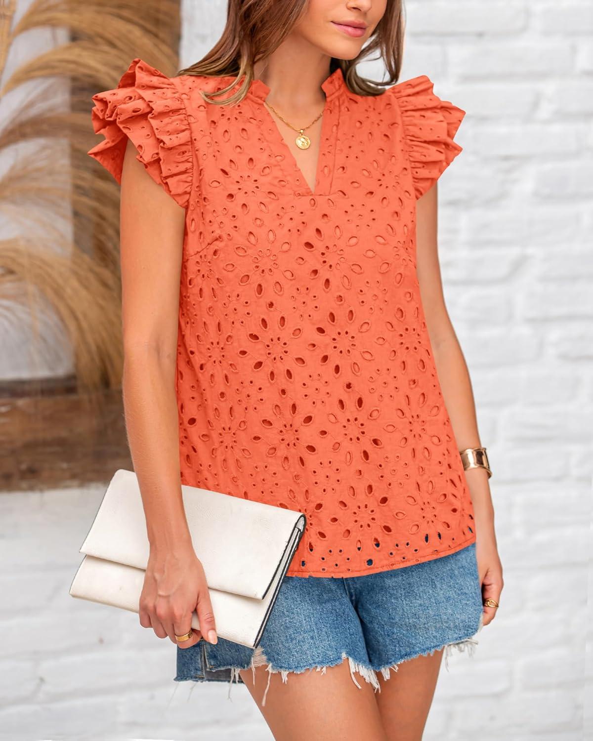 imageBTFBM Women Eyelet Spring Summer Tops Dressy Casual V Neck Ruffle Cap Sleeve Cotton Boho Shirts Embroidered Blouses 2026Orange