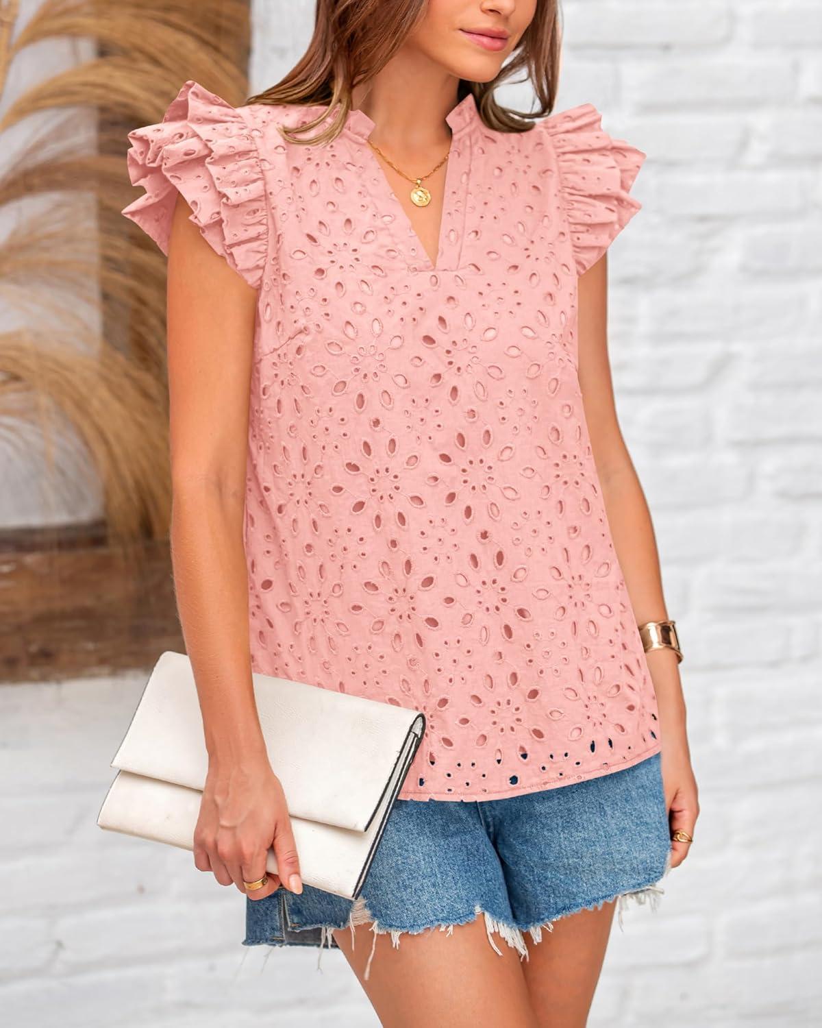imageBTFBM Women Eyelet Spring Summer Tops Dressy Casual V Neck Ruffle Cap Sleeve Cotton Boho Shirts Embroidered Blouses 2026Pink