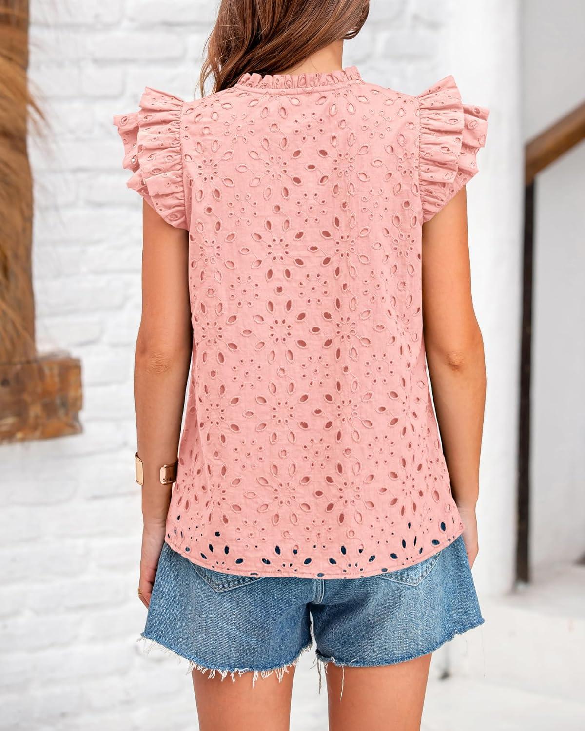 imageBTFBM Women Eyelet Spring Summer Tops Dressy Casual V Neck Ruffle Cap Sleeve Cotton Boho Shirts Embroidered Blouses 2026Pink