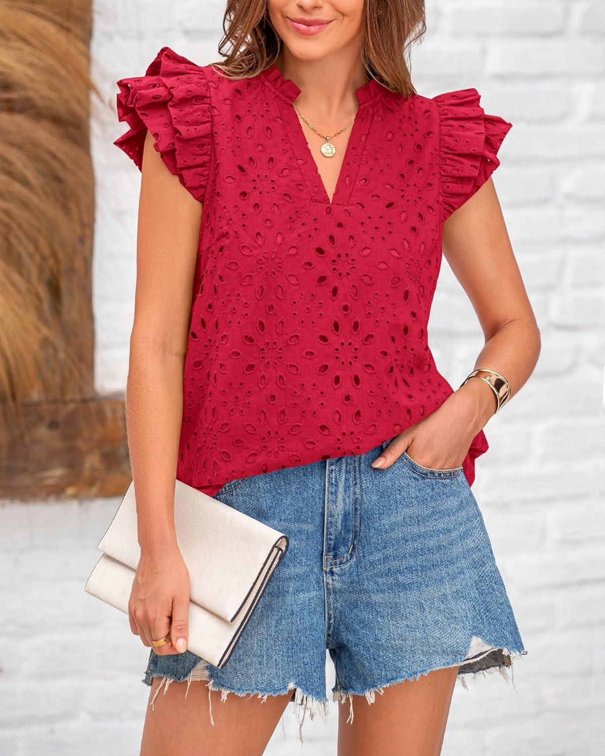 imageBTFBM Women Eyelet Spring Summer Tops Dressy Casual V Neck Ruffle Cap Sleeve Cotton Boho Shirts Embroidered Blouses 2026Red