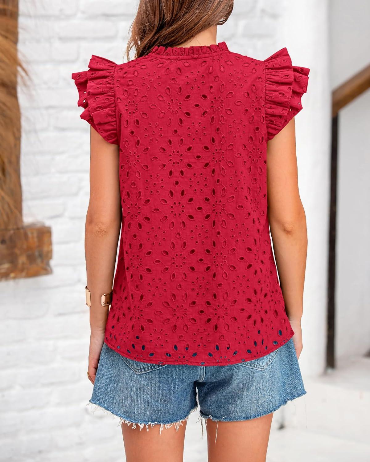imageBTFBM Women Eyelet Spring Summer Tops Dressy Casual V Neck Ruffle Cap Sleeve Cotton Boho Shirts Embroidered Blouses 2026Red