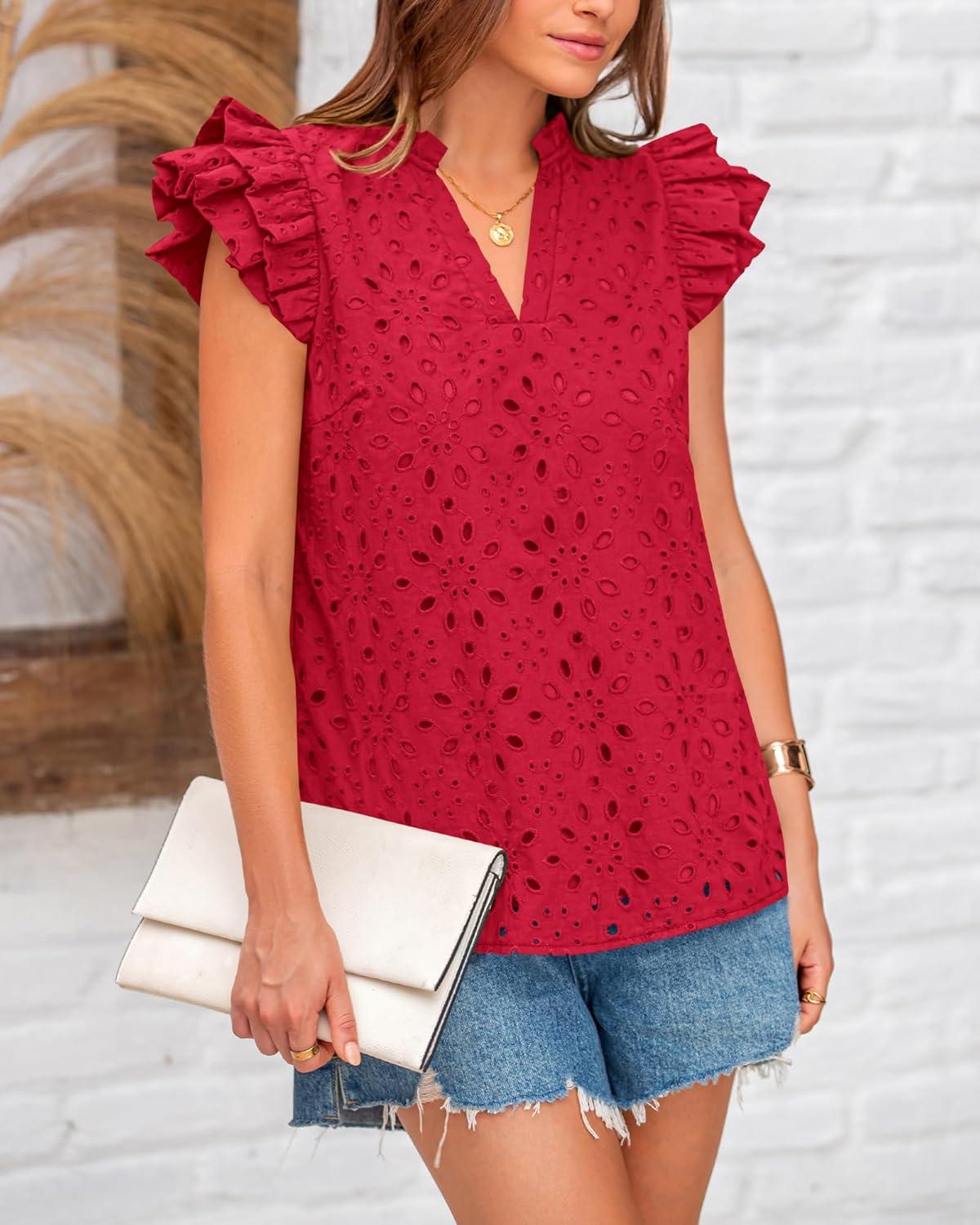 imageBTFBM Women Eyelet Spring Summer Tops Dressy Casual V Neck Ruffle Cap Sleeve Cotton Boho Shirts Embroidered Blouses 2026Red