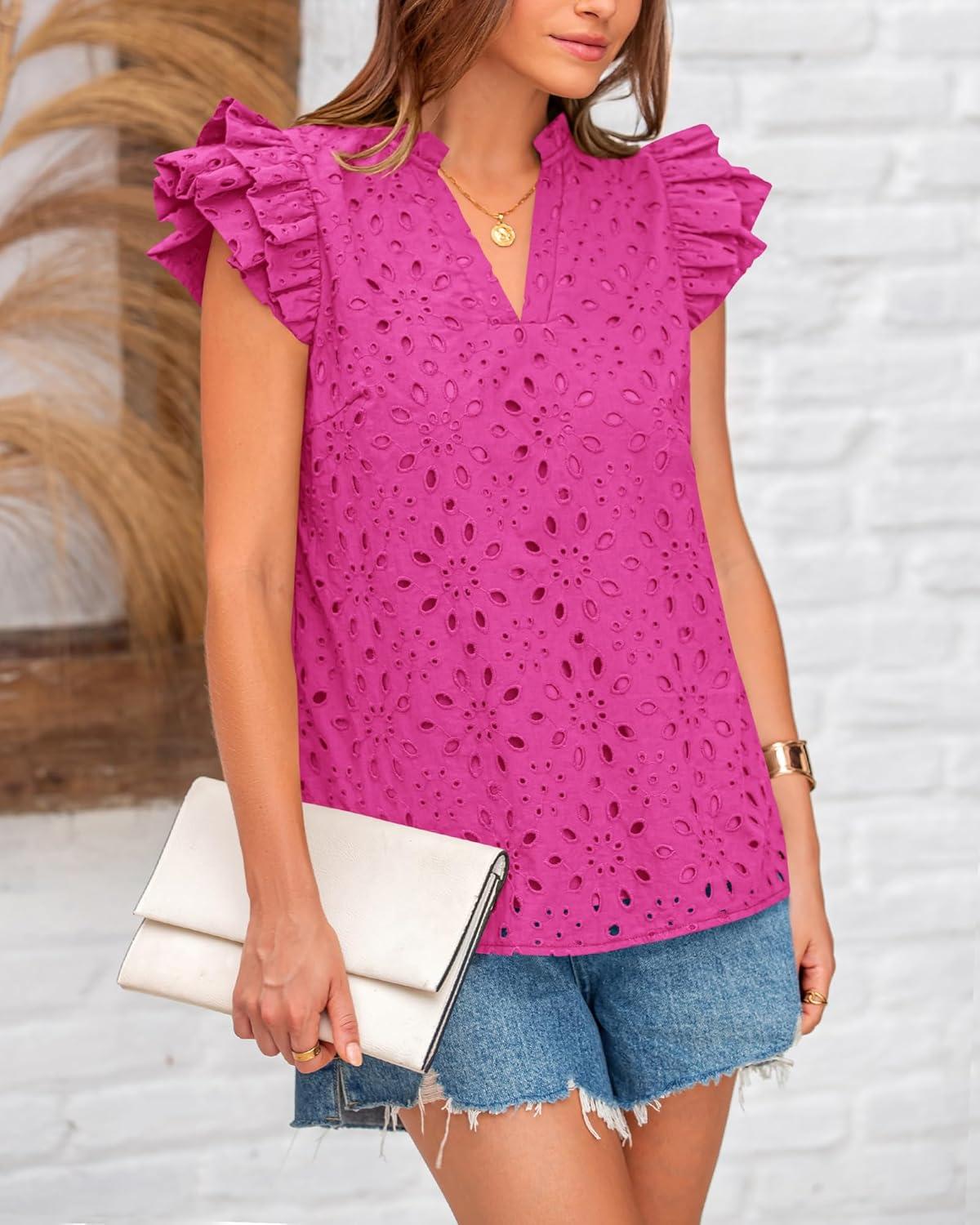 imageBTFBM Women Eyelet Spring Summer Tops Dressy Casual V Neck Ruffle Cap Sleeve Cotton Boho Shirts Embroidered Blouses 2026Rose Red