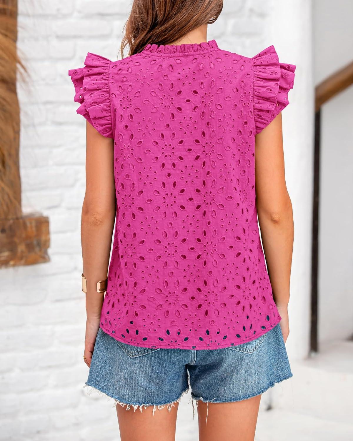 imageBTFBM Women Eyelet Spring Summer Tops Dressy Casual V Neck Ruffle Cap Sleeve Cotton Boho Shirts Embroidered Blouses 2026Rose Red