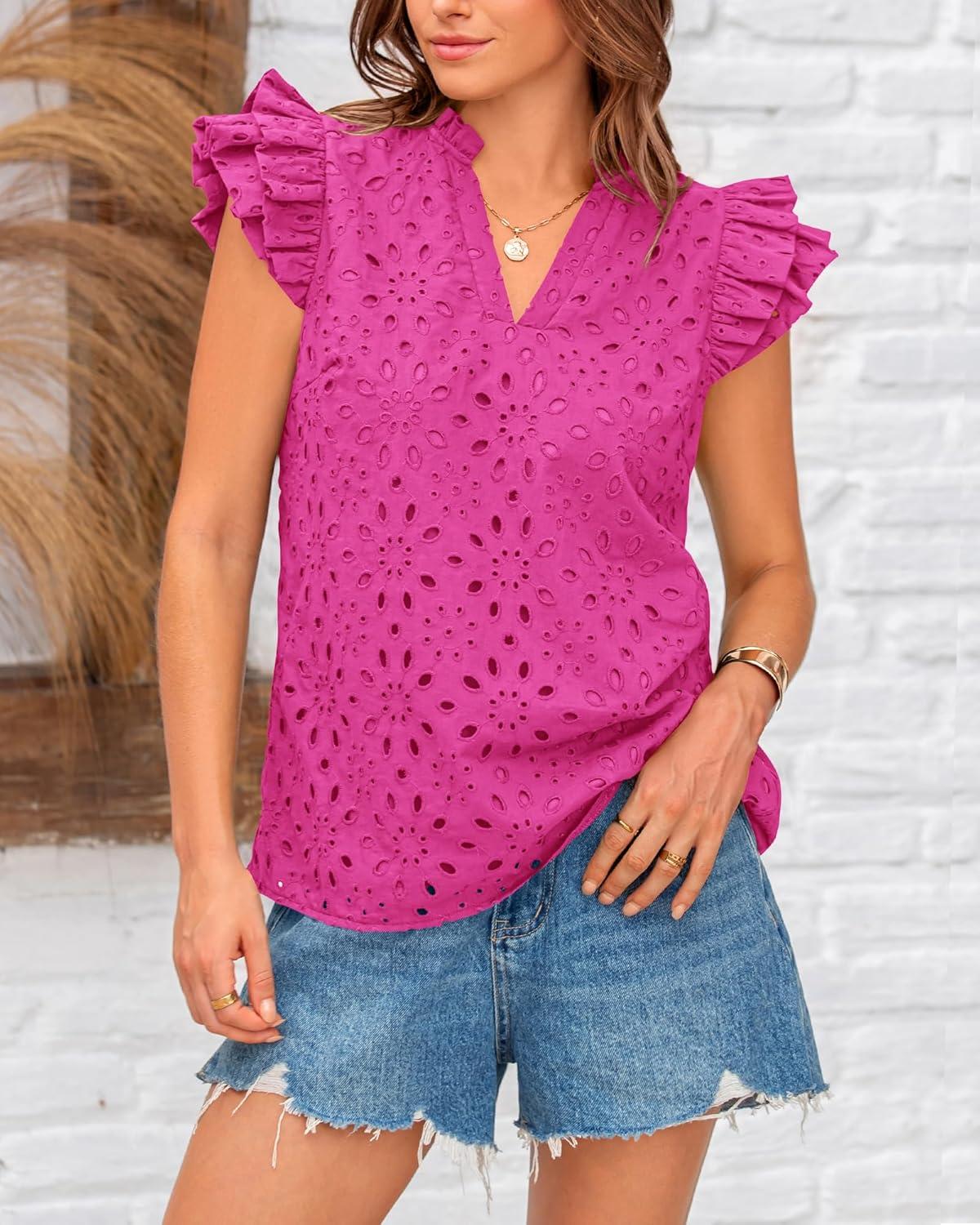 imageBTFBM Women Eyelet Spring Summer Tops Dressy Casual V Neck Ruffle Cap Sleeve Cotton Boho Shirts Embroidered Blouses 2026Rose Red