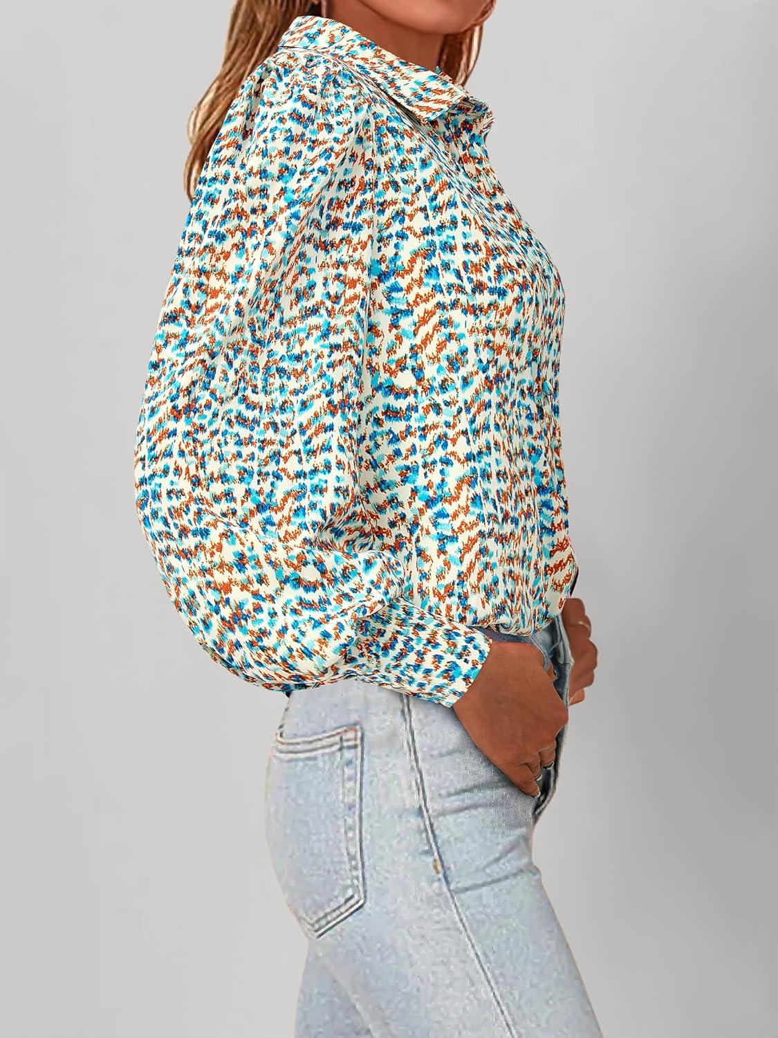 imageBTFBM Women Fashion Button Down Shirts V Neck Printed Solid Boho Long Sleeve Blouses Dressy Casual Summer Fall TopsFloral Blue White