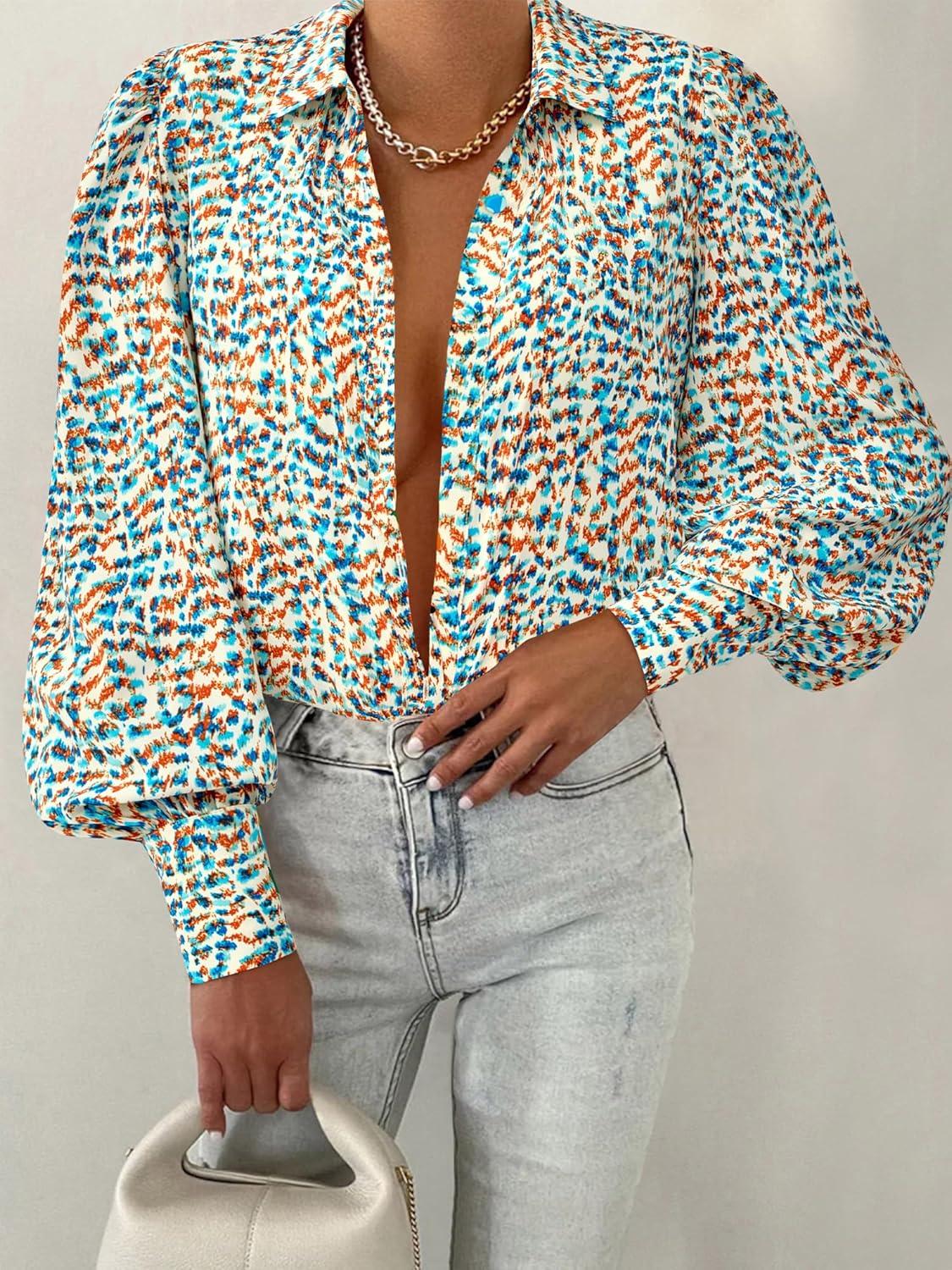 imageBTFBM Women Fashion Button Down Shirts V Neck Printed Solid Boho Long Sleeve Blouses Dressy Casual Summer Fall TopsFloral Blue White
